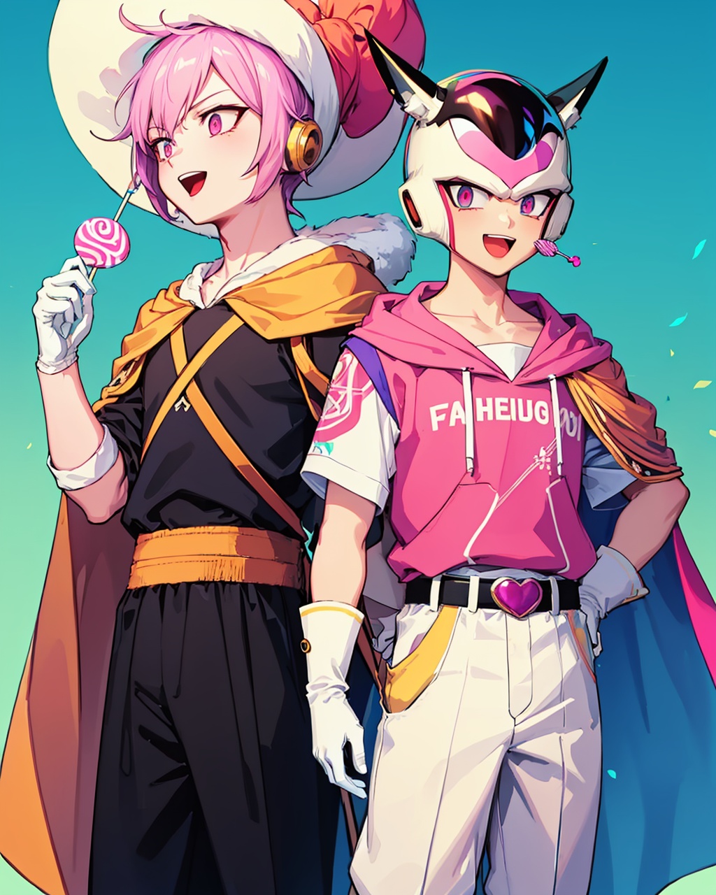 masterpiece,best quality, highly detailed, frieza,pink skin, open mouth, male focus, white pants, holding lollipop, yellow gloves, cape, belt, swirl lollipop, 2boys, happy, ^ ^, :d, head out of frame, blue background, gradient background, baggy pants,<lora:frieza:1>