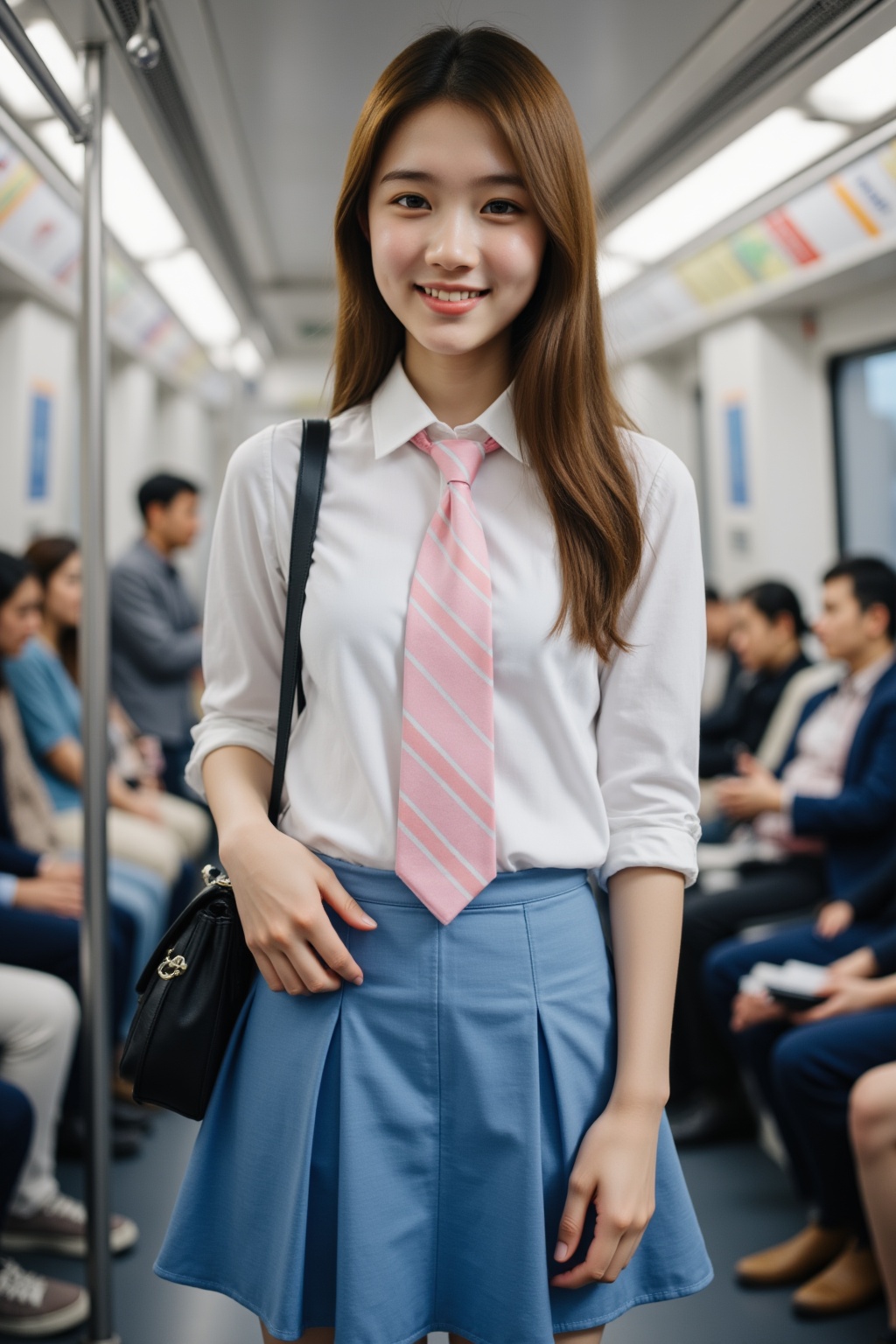 The image is a high-resolution photograph,A photograph of an girl with fair skin,standing on a subway train. She has straight long hair,and wears a white blouse,pink and white striped tie,and a blue short pleated skirt. She was carrying a black shoulder bag, with a confident expression and a smile on her face. Other passengers are seated in the background. The subway car has metal poles and advertisements on the walls.