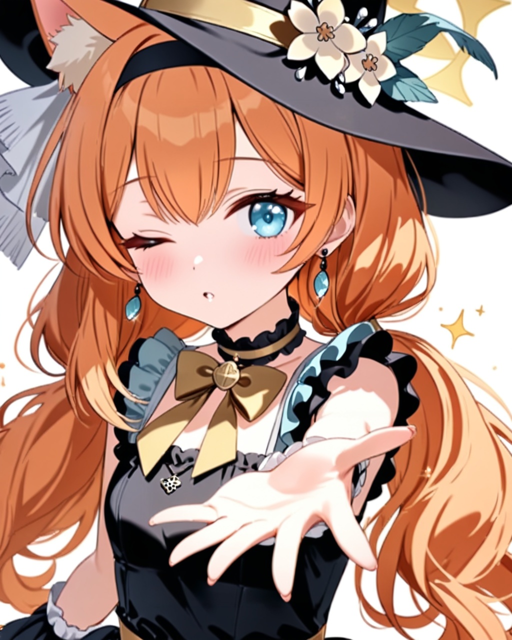 O,mari \(blue archive\), 1girl, one eye closed, dress, solo, hat, orange hair, animal ear fluff, hairband, looking at viewer, frills, twintails, black dress, blush, hat flower, long hair, frilled dress, bow, low twintails, bangs, sleeveless, white background, black hairband, flower, simple background, black headwear, choker, earrings, sparkle, wrist cuffs, sleeveless dress, parted lips, jewelry, bowtie, yellow bow, headband, official alternate costume, open hands, letterboxed, hair between eyes, alternate costume,(UHD),anatomically correct,accurate,textured skin,super detail,high details,award winning,best quality,high quality,retina,HD,16k,1080P,