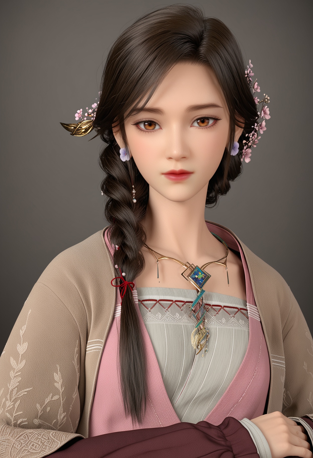 (upper_body:1.2),(looking at viewer:1.1),facing viewer,direct gaze,<lora:YQ_pony_yingmo_V4:0.8>,q1528437228,1girl,solo,jewelry,long hair,hair ornament,earrings,braid,brown hair,brown eyes,hair flower,necklace,black hair,dress,long sleeves,single braid,BREAK simple background,pure black background,black background,perfect anatomy,