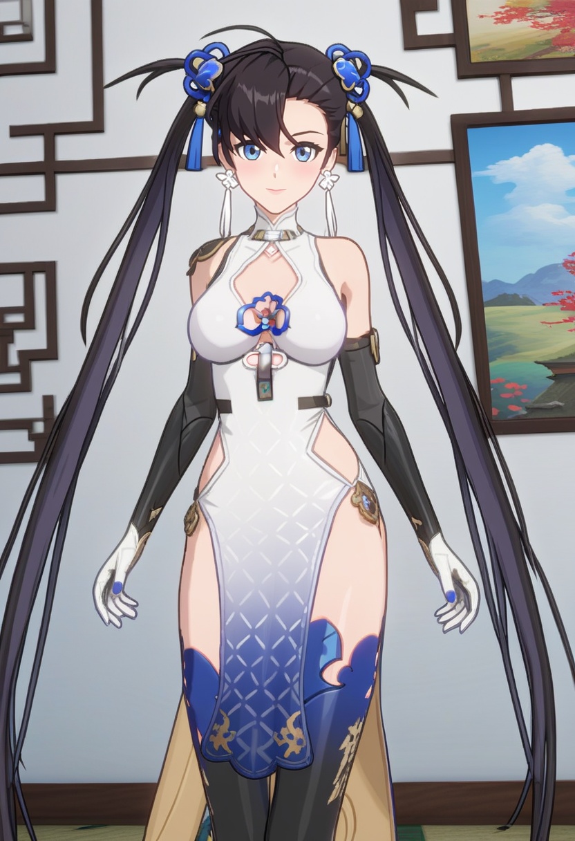 (yulan1*1.2), score_9,score_8_up,score_7_up,source_anime,rating_explicit,source_anime,official art,painting (medium), ALD, 1girl, solo, gloves, dress, breasts, chinese clothes, thighhighs, china dress, jewelry, bare shoulders, white dress, white gloves, medium breasts, clothing cutout, elbow gloves, cleavage, full body, <lora:yulan-pony:0.8>, looking at viewer, close up, indoors
