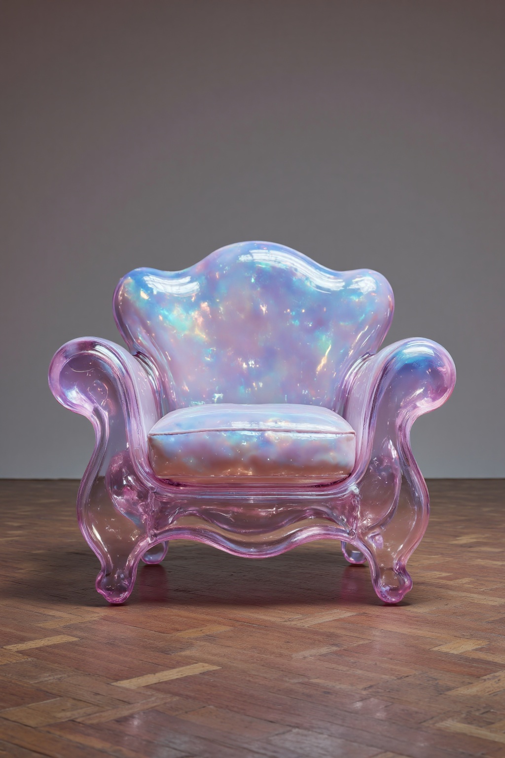 beijihui,a transparent glass chair is positioned on a brown brick floor. The chair is adorned with a vibrant pink hue,adding a pop of color to the otherwise monochromatic scene. The seat of the chair is a light gray,while the armrests are a darker shade of pink. The wall behind the chair provides a stark contrast to the chair and the brick floor,creating a striking contrast.,