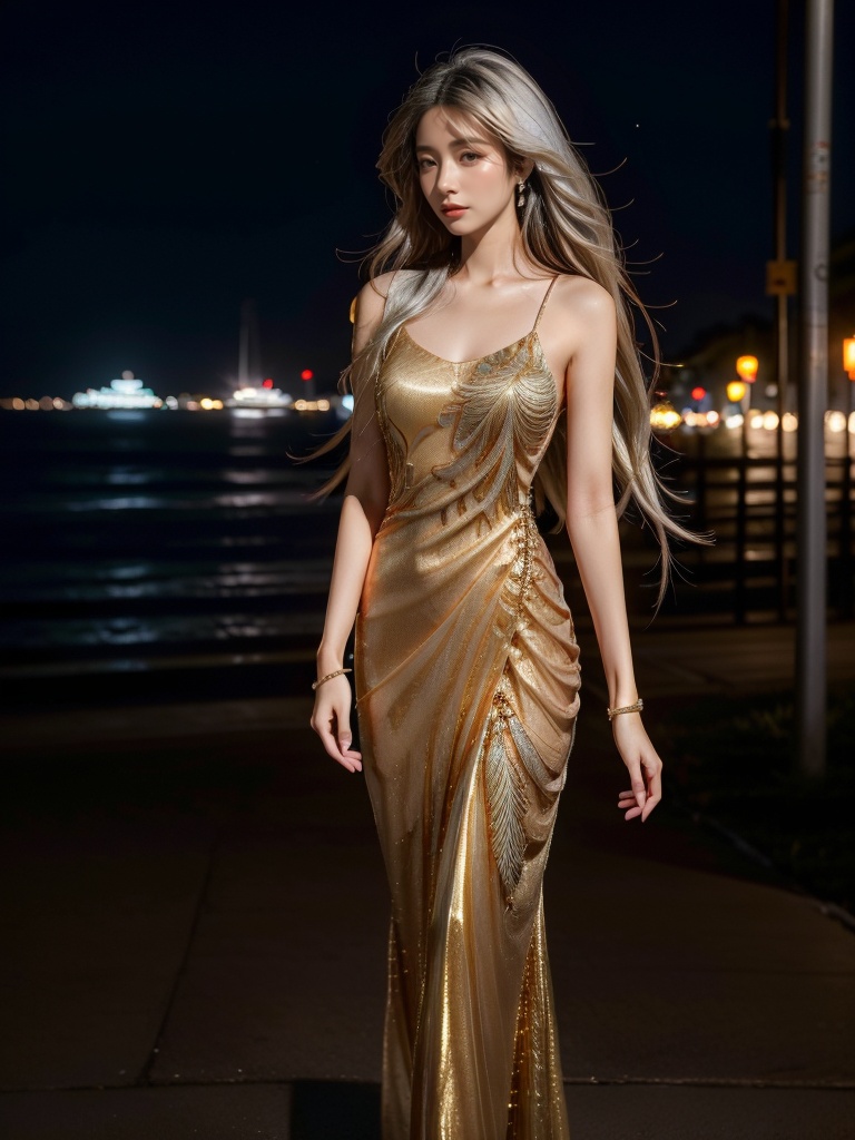 jinyingnvshen,masterpiece,best quality,1girl,exquisite details,set at night by the seaside,white hair,jewelry,<lora:jinyingnvshen-000007:0.7>,exquisite evening dress,
