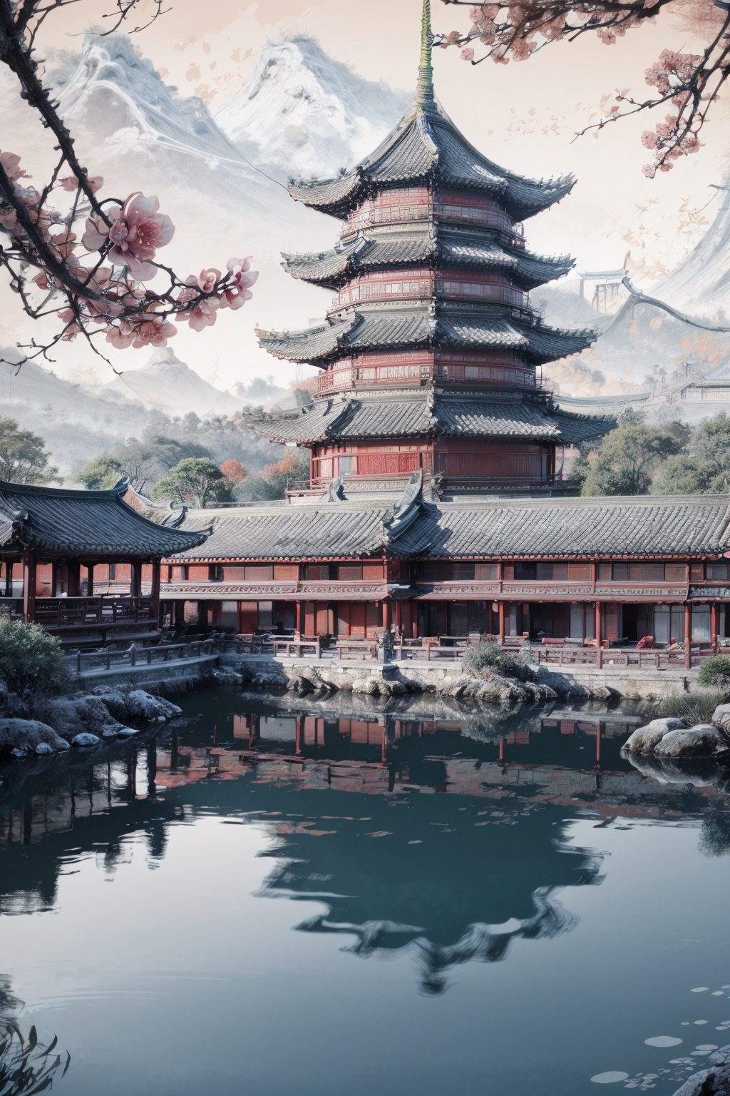 Realistic,best quality,masterpiece,8K,HDR,RAW,1girl,<lora:add_detail:0.6>,mount,water,water lily,chinese style,east asian architecture,<lora:ENNE 水墨丹青_v10:1>,smdq,