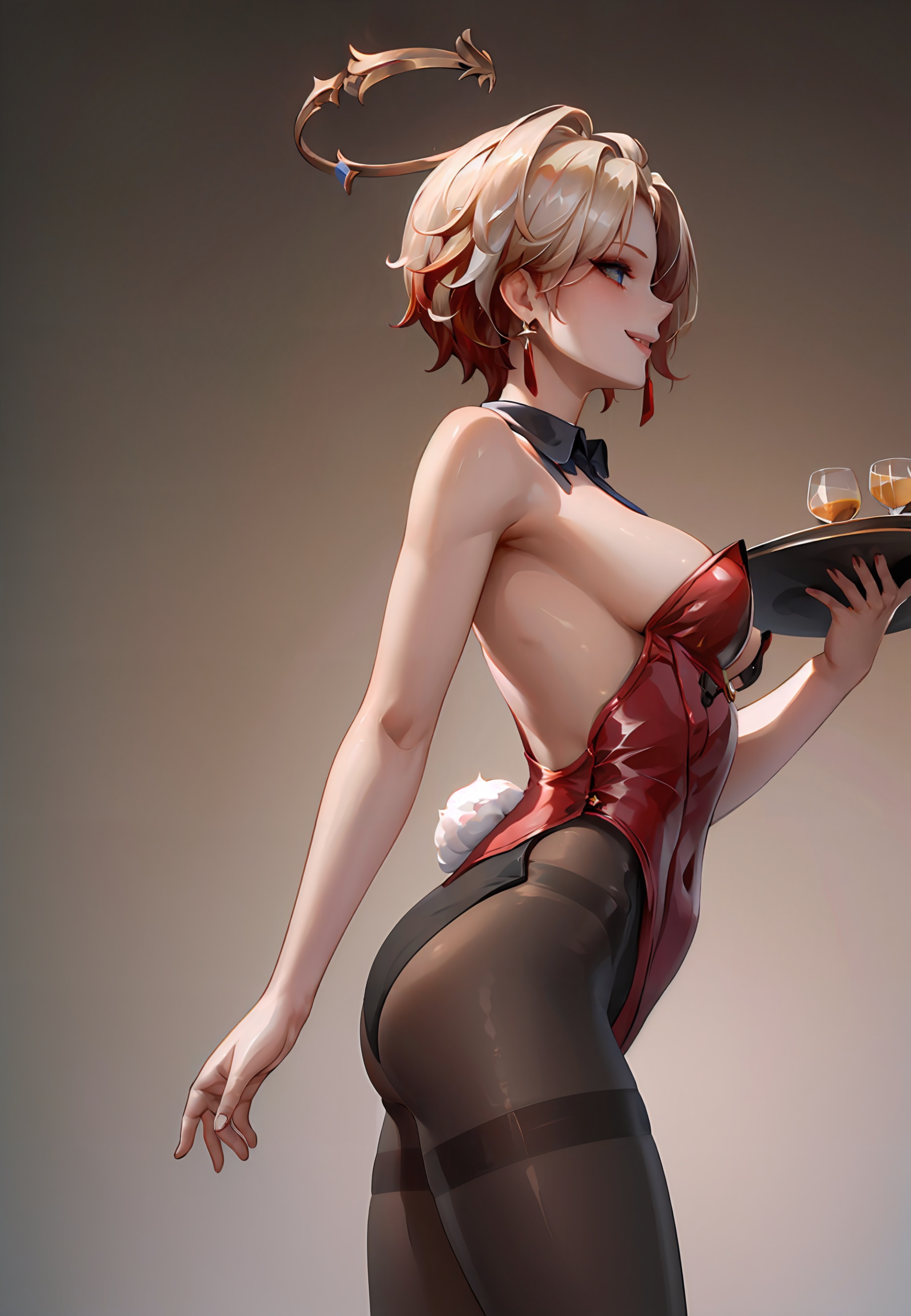 ((masterpiece,best quality)), 1girl, siobhan, playboy bunny, halo, black pantyhose, holding tray, smile, bare shoulders, bare arms, from side,
