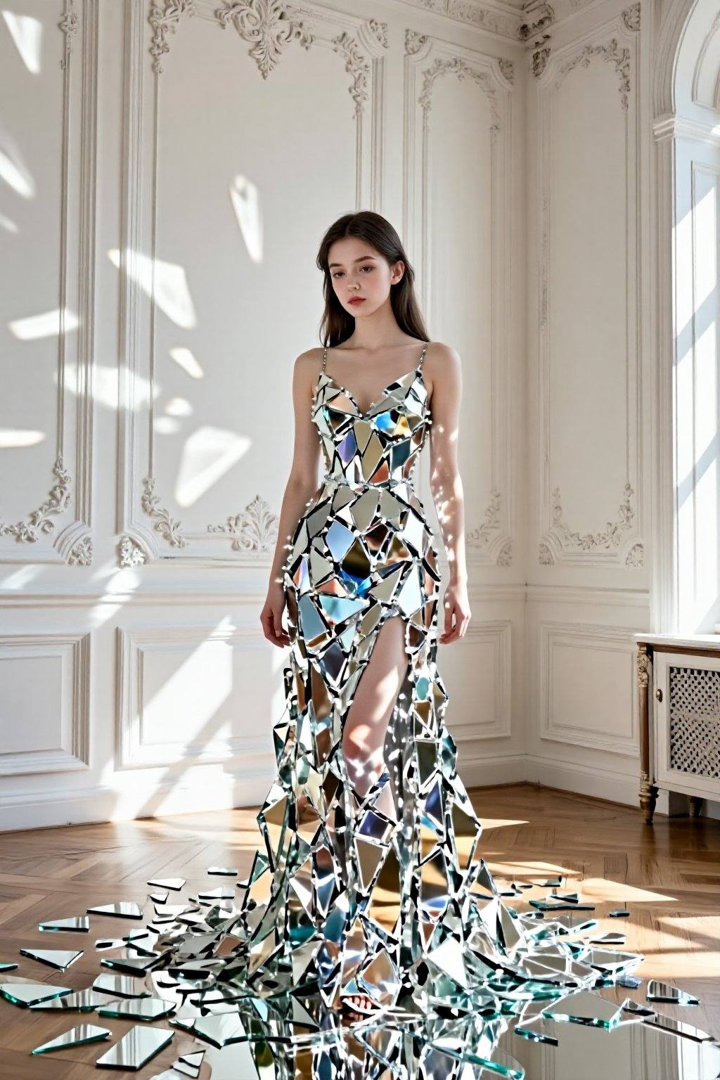 A young woman, around twenty years old, stands centered in a grand, sunlit room, adorned in a breathtaking, floor-length gown composed entirely of mirrored fragments. The dress, meticulously crafted, reflects light in a mesmerizing array, with sharp, geometric forms that create a mosaic effect, and a slight opening over the legs. Her is dark long hair, and her expression, pensive and downward-gazing, suggests a contemplative mood. The dress trails slightly onto the polished wooden floor, where scattered shards of mirror lie, creating an illusion of broken reflections. Light from an unseen source filters through the mirror fragments, creating complex patterns of reflected light on the walls. The background includes ornate wall paneling and simple furniture. The image is a study in light and shadow, highlighting the contrast between the sharp angles of the dress and the soft, natural light, creating a surreal, ethereal atmosphere. The overall style is akin to conceptual fashion photography, with elements of surrealism and a touch of art-deco influence.
