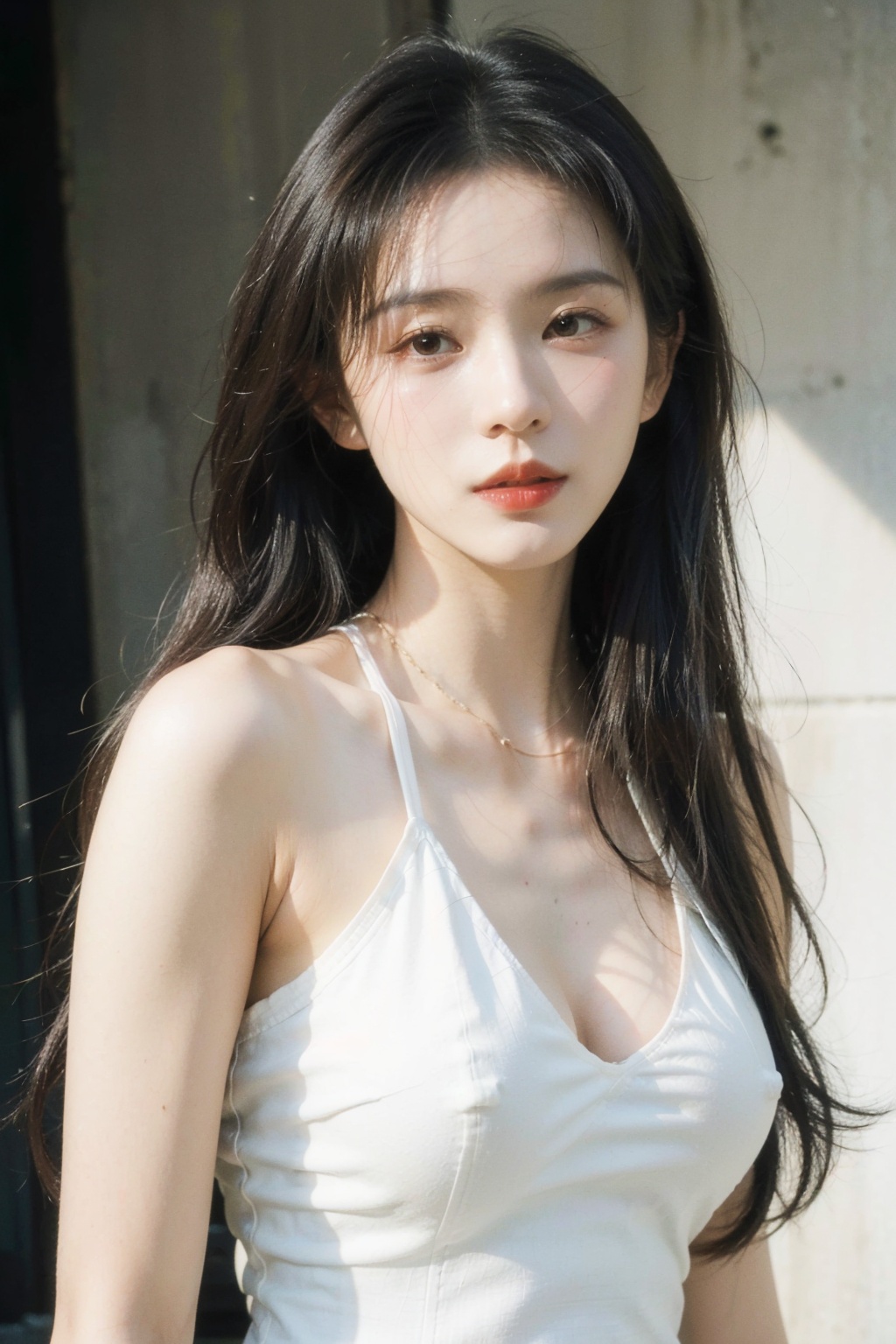 best quality, masterpiece, ultra high res, (photorealistic:1.3), 8K, raw photo, 1girl, natural skin texture, (long hair:1.3),natural skin texture, dynamic pose, top model, film grain,asian, , , fishnets, see-through,halter neck, nipple
