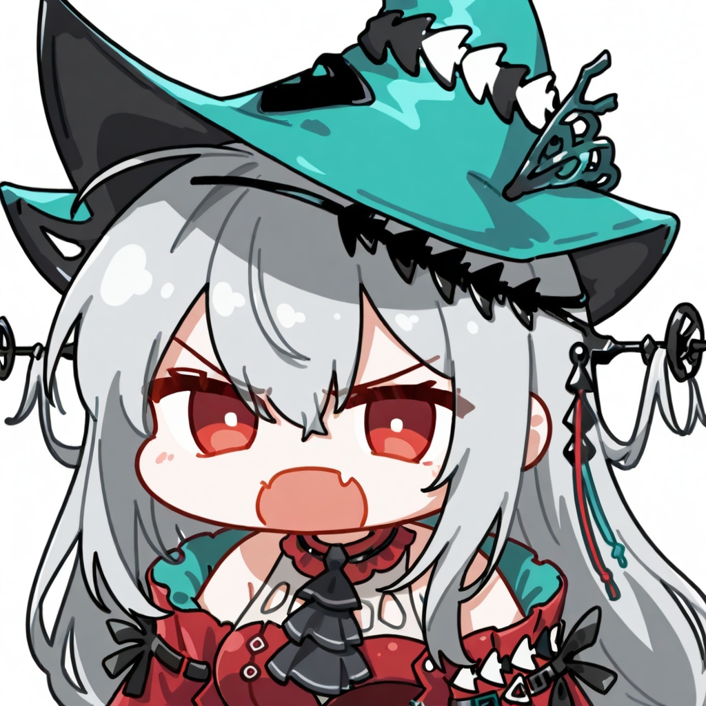 <lora:haqi_angry_fang:0.7>,skadi the corrupting heart \(arknights\),arknights,long hair,bangs,very long hair,,red eyes,hair between eyes,hat,white hair,aqua headwear,grey hair,ribbon,chibi,1girl,solo,upper body,haqi,angry,fang,v-shaped eyebrows,looking at viewer,open mouth,white background,simple background,<lora:nineface-chibi-noob1-5:1>,