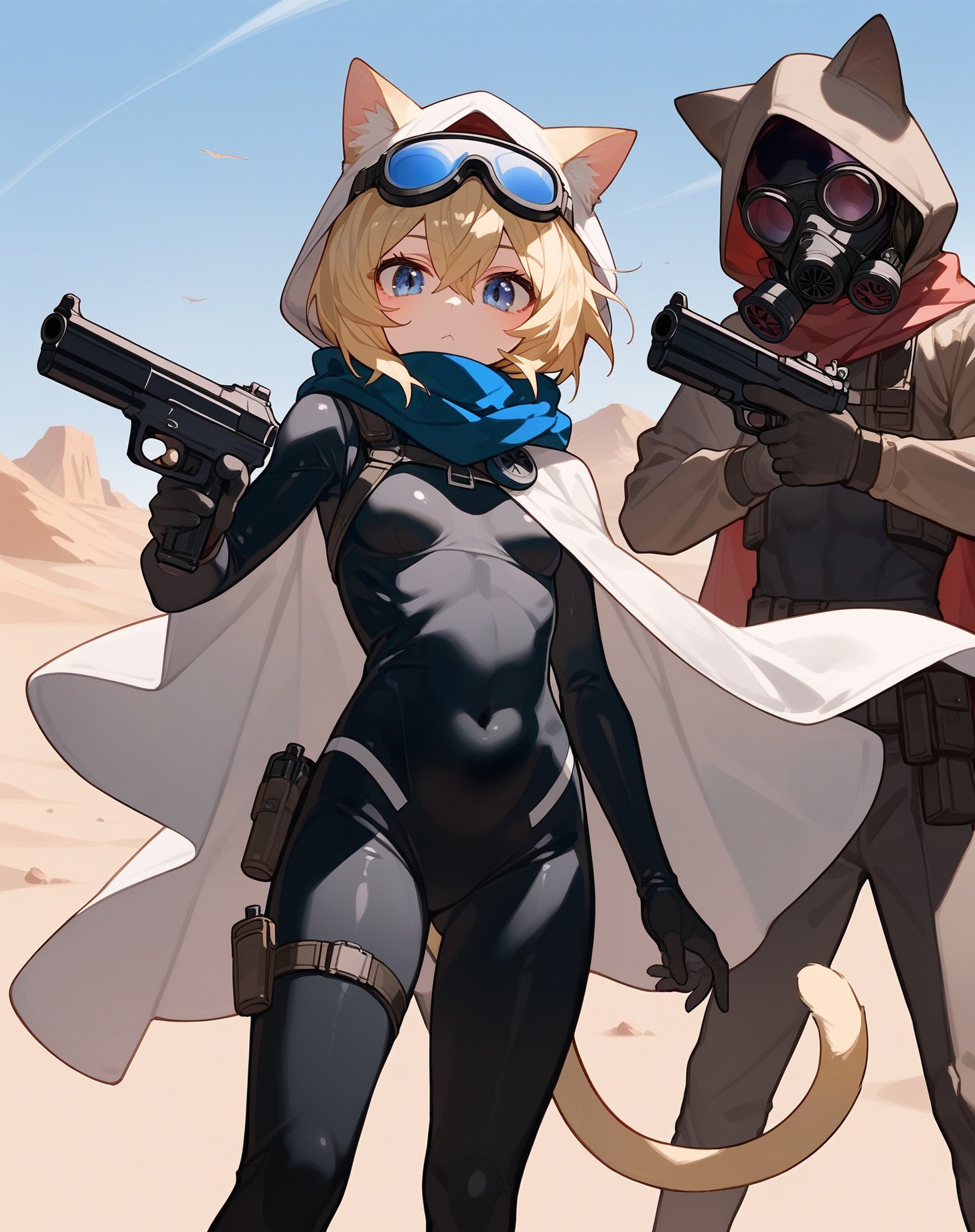(score_9,score_8_up,score_7_up,score_6_up,score_5_up,score_4_up),animal ears,1girl,tail,gun,weapon,blue eyes,short hair,holding,breasts,blonde hair,cat ears,bodysuit,mask,holding gun,covered navel,cape,desert,cloak,hood,looking at viewer,holding weapon,sky,outdoors,goggles,gas mask,small breasts,1boy,cat tail,white hair,2boys,hair between eyes,scarf,hood down,skin tight,multiple boys,handgun,standing,