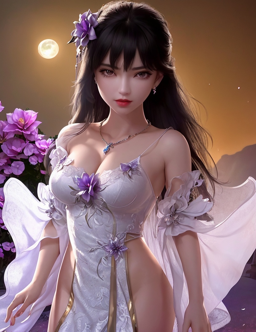 ultra realistic 8k cg, picture-perfect face, flawless, clean, masterpiece, professional artwork, famous artwork, cinematic lighting, cinematic bloom, perfect face, beautiful face, fantasy, dreamlike, unreal, science fiction,   lace, lace trim, lace-trimmed legwear,  (rich:1.4), prestige, luxury, jewelry, diamond, gold, pearl, gem, sapphire, ruby, emerald, intricate detail, delicate pattern, charming, alluring, seductive, erotic, enchanting, hair ornament, necklace, earrings, bracelet, armlet,halo((,1girl, pov,))(((1girl, jewelry, solo,, breasts, , looking_at_viewer,  outdoors,  full moon,  upper body,  purple flower, )))    <lora:DA_YueChanTeen:0.7>
