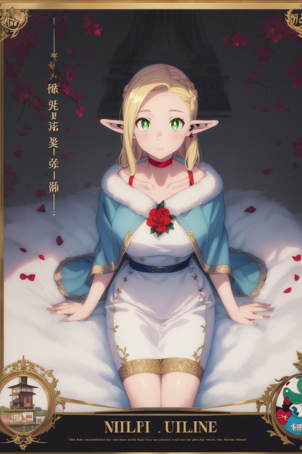 1girl,looking at viewer,solo,elf,long hair,blonde hair,pointy ears,green eyes,choker,red choker,<lora:Marcille (3):0.8>,Marcille_CYQL,(smirk,sitting,cowboy_shot,from_above:1.1),printed midi dress with pumps and a statement necklace.,beautiful face,beautiful eyes,glossy skin,shiny skin,Pass, Snow, Alps, Mountains, Peaks, Cold, Adventure, Serenity,Rose bushes, Trellises, Garden path, Rose fragrance, English elegance, Rose petals,beautiful detailed sky,beautiful detailed glow,(movie poster:1.2),(border:1.3),(English text:1.4),posing in front of a colorful and dynamic background,masterpiece,best quality,beautiful and aesthetic,contrapposto,female focus,fine fabric emphasis,wallpaper,fashion,intricate detail,finely detailed,fine fabric emphasis,glossy,<lora:增强减少细节add_detail:0.4>,