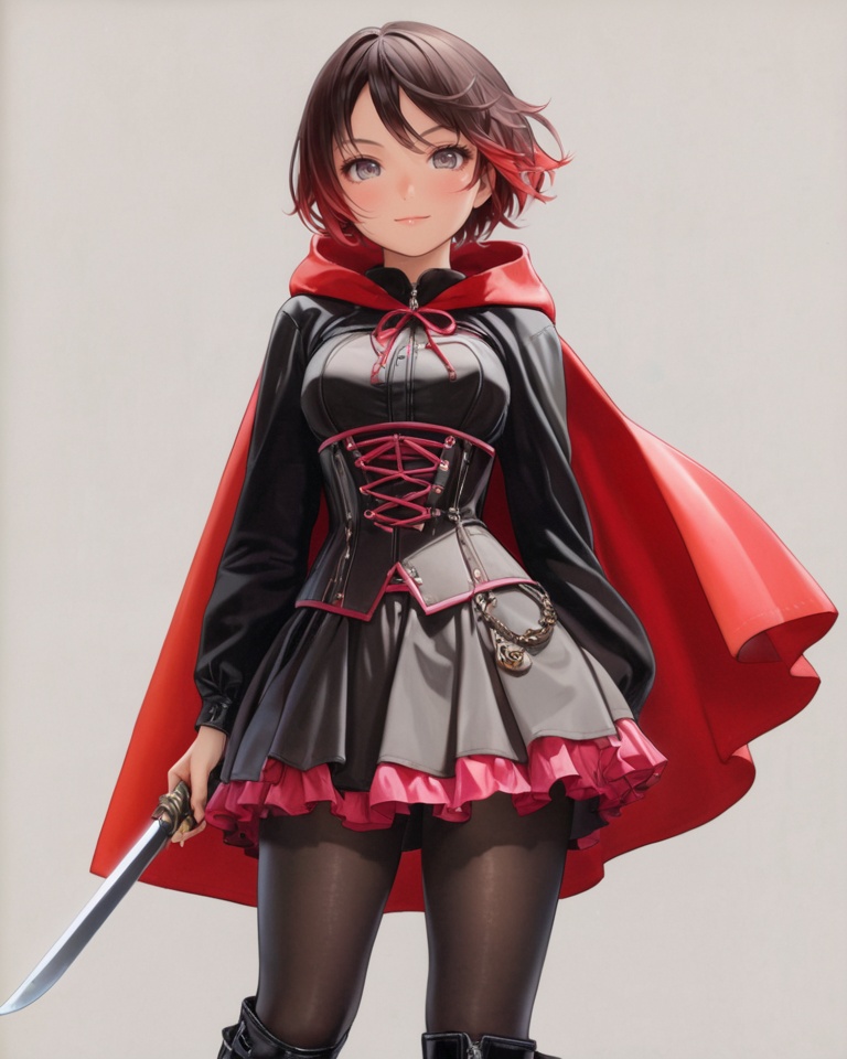 (best quality), ((masterpiece)), (highres), illustration, original, extremely detailed,  <lora:莲实复古动漫XL:0.7>1girl, solo, pantyhose, ruby rose, multicolored hair, cape, short hair, crescent rose, red hair, black pantyhose, red cape, two-tone hair, grey eyes, dress, frills, smile, long sleeves, holding, boots, black footwear, shiny, weapon, gradient hair, looking at viewer, black dress, black hair, corset, simple background, scythe, shiny hair, hood, frilled dress, breasts, closed mouth, knee boots, standing, skirt, short dress, holding weapon, hood down