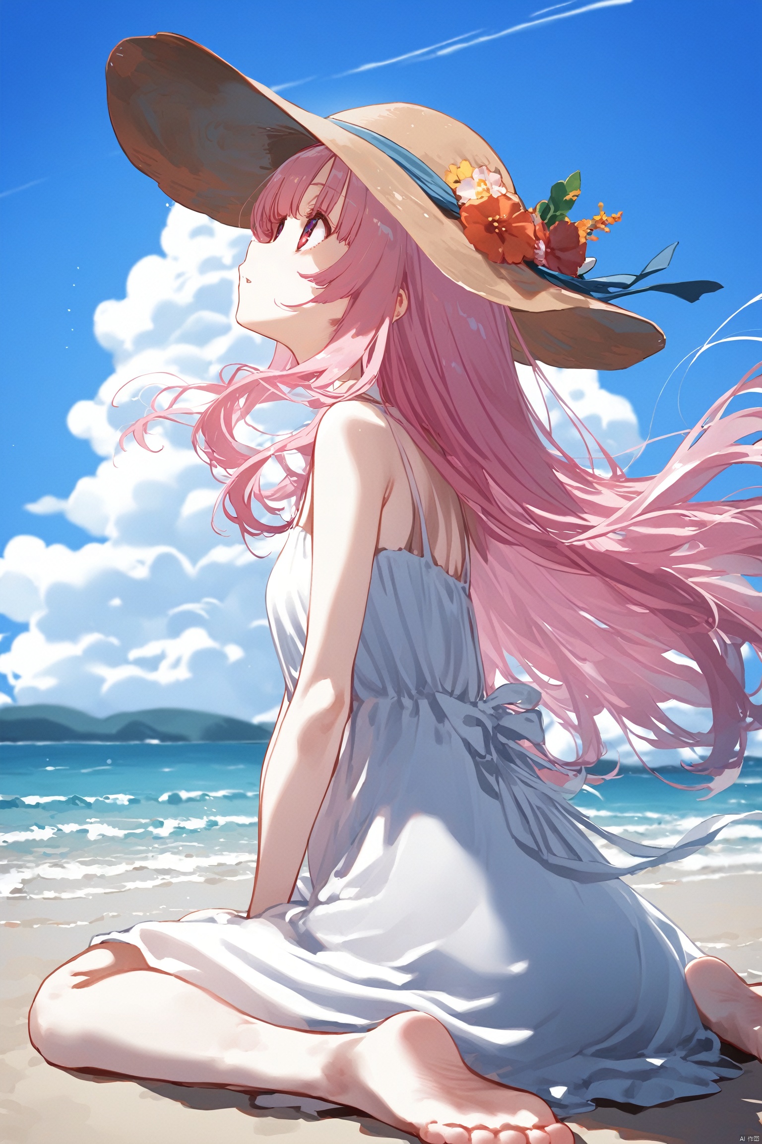 1girl, solo, long hair, red eyes, hat, dress, sitting, pink hair, outdoors, sky, barefoot, day, cloud, virtual youtuber, water, white dress, blue sky, floating hair, ocean, wariza, beach, looking up, sun hat, hat flower, mori calliope