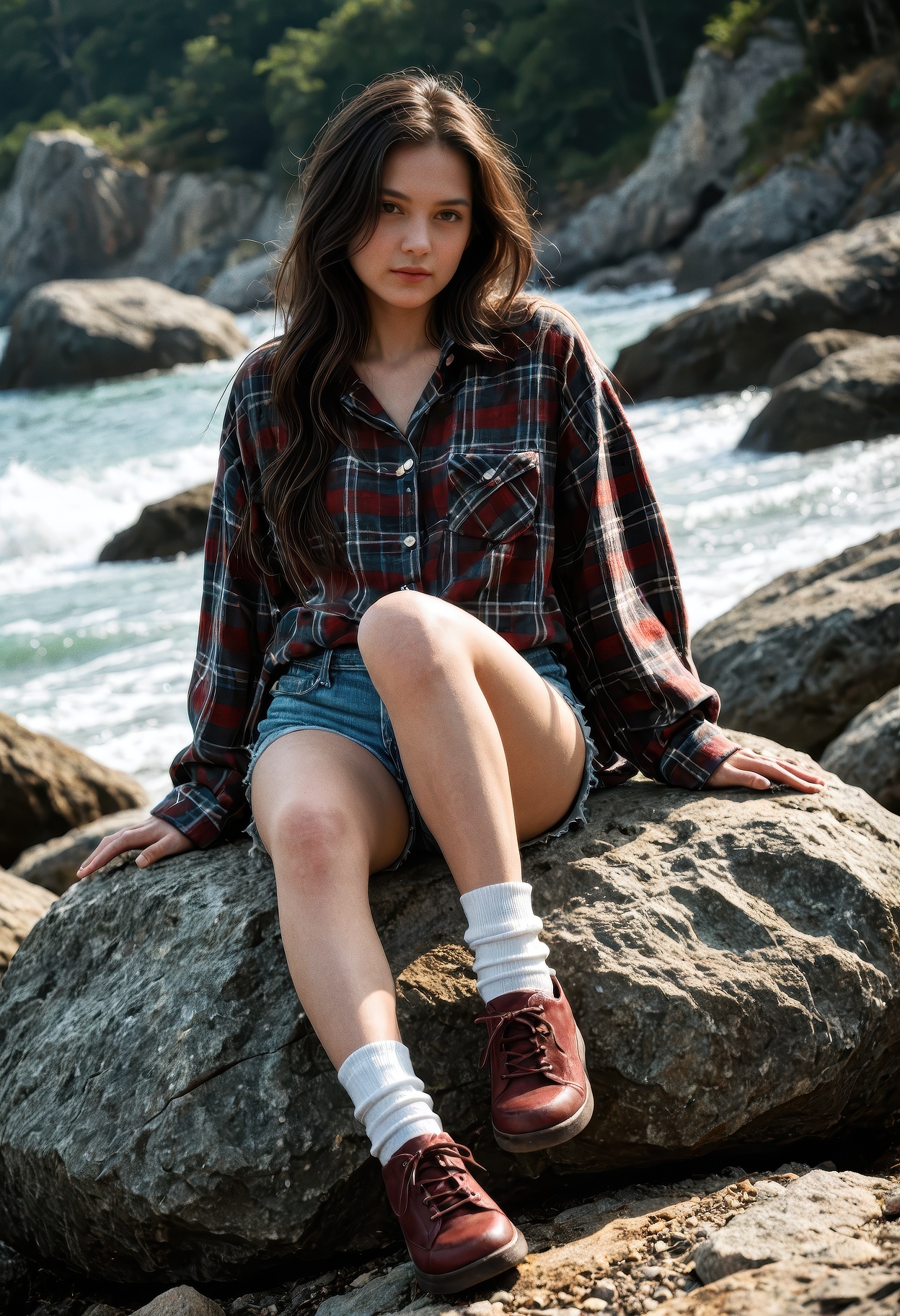 woman sitting on a large rock in an outdoor setting,  daydreaming expression,  resting head in hand on Tensor.Art