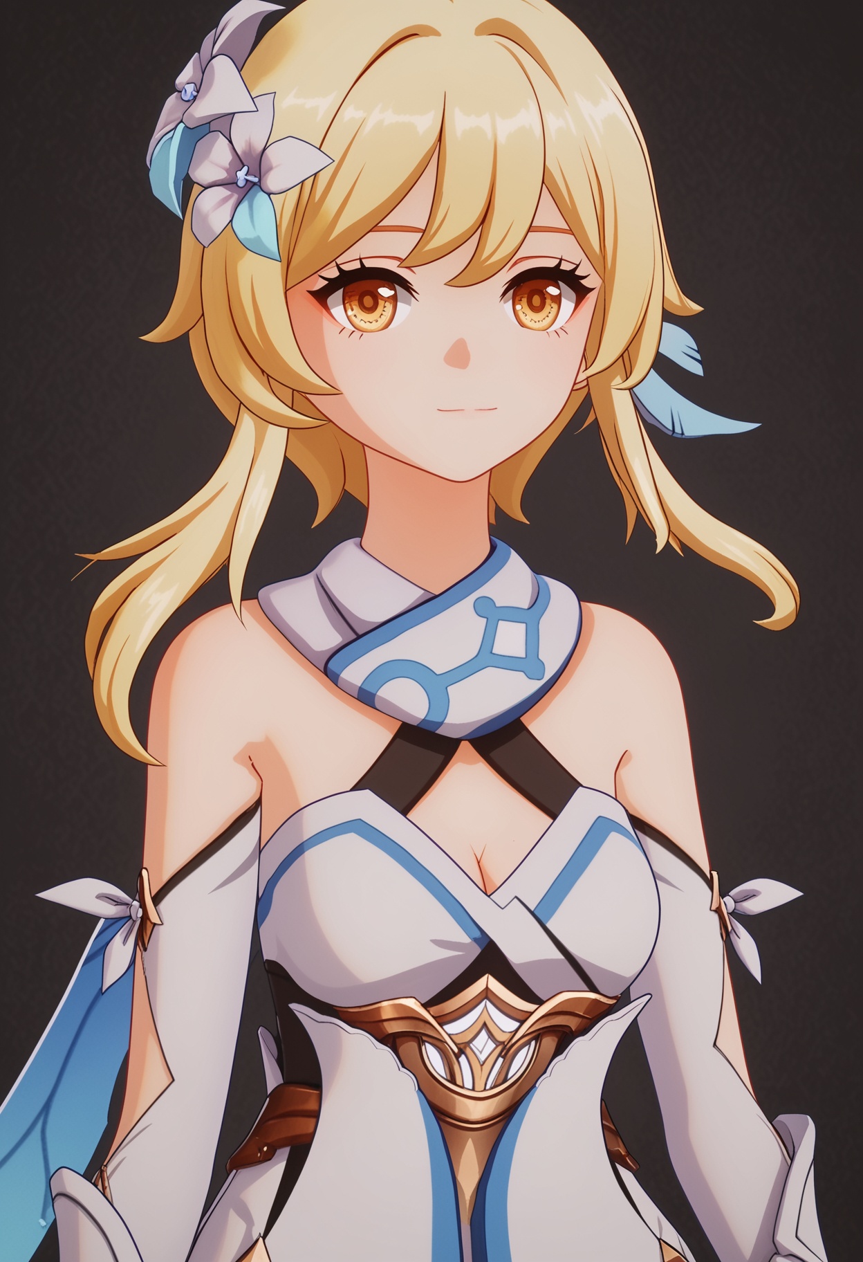 (upper_body:1.2),score_9,score_8_up,masterpiece,(best quality),intricate details,facing viewer,(looking at viewer:1.1),<lora:YQ_pony_ying_V4:0.8>,q1528437228,1girl,solo,lumine (genshin impact),blonde hair,hair ornament,dress,hair flower,white dress,short hair with long locks,detached sleeves,yellow eyes,scarf,sidelocks,feather hair ornament,gloves,white thighhighs,boots,BREAKscore_9,score_8_up,masterpiece,(best quality),perfect anatomy,(hourglass),perfect face,(simple background,pure black background,black background:1.1),fair_skin,shiny_skin,Ivory_skin,