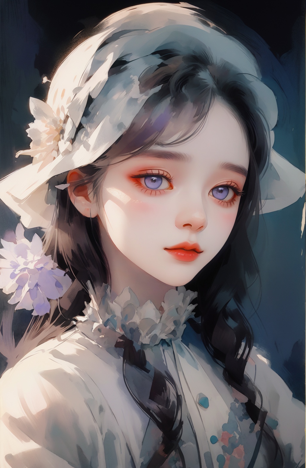 a Minority girl,minority makeup,Delicate white purple and blue headdress,in the style of mystical portraits,busts,black backgrounds,rich colors,character design,ethnic art,watercolor,ink style,masterpiece,best quality,<lora:Victoria_维多利亚:1>,
