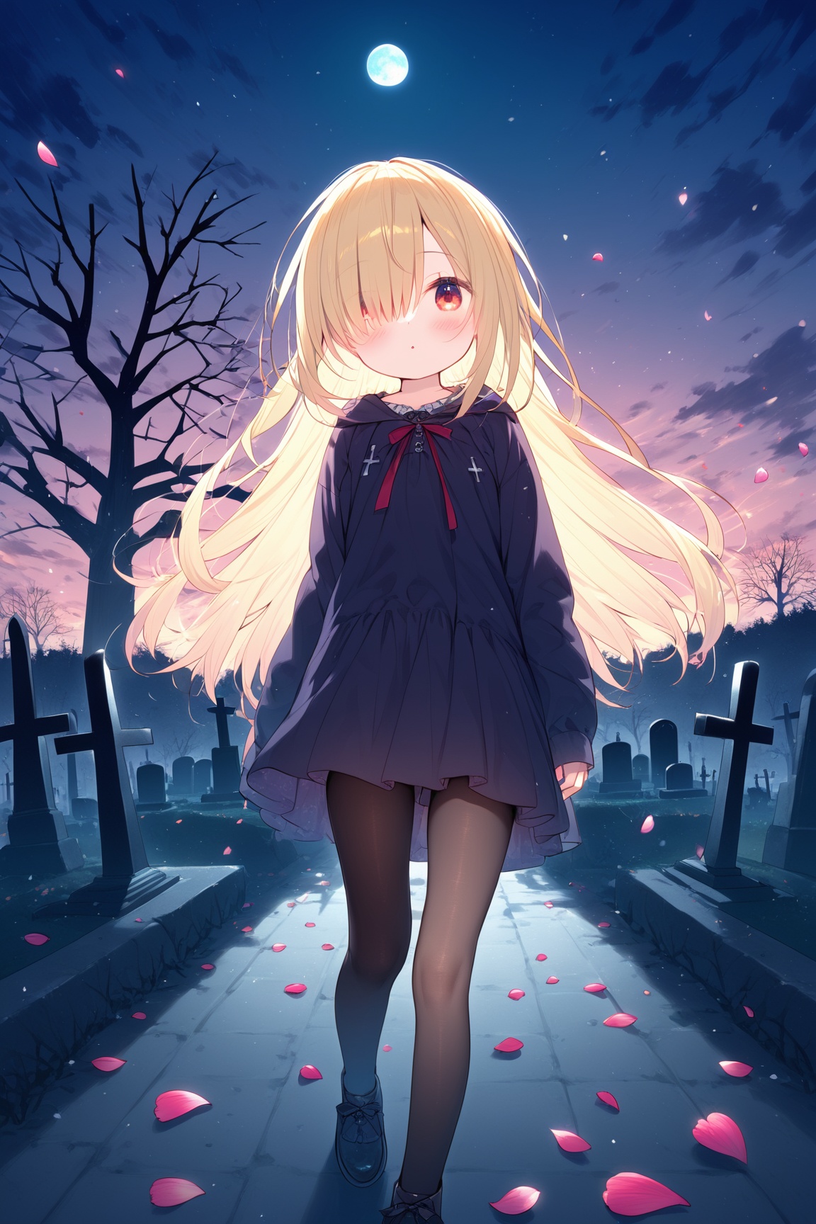 (masterpiece),(best quality),illustration,ultra detailed,hdr,Depth of field,(colorful),loli,1girl,graveyard,solo,long hair,red eyes,tree,cross,tombstone,bare tree,pantyhose,black pantyhose,dress,hood,cloud,hair over one eye,petals,outdoors,cloudy sky,blonde hair,moon,sky,