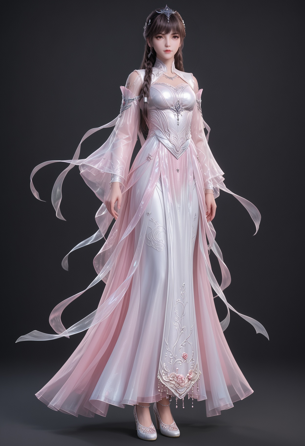 (standing full_body:1.1),score_9,score_8_up,masterpiece,(best quality),intricate details,facing viewer,(looking at viewer:1.1),<lora:YQ_pony_xiaowu_shenzhuang1_V4:0.8>,q1528437228,1girl,solo,long hair,braid,dress,brown hair,hair ornament,white dress,jewelry,detached sleeves,pink dress,tiara,black hair,long sleeves,brown eyes,necklace,earrings,twin braids,pink eyes,collar,shoes,high heels,white footwear,BREAKscore_9,score_8_up,masterpiece,(best quality),perfect anatomy,(hourglass),perfect face,(simple background,pure black background,black background:1.1),fair_skin,shiny_skin,Ivory_skin,