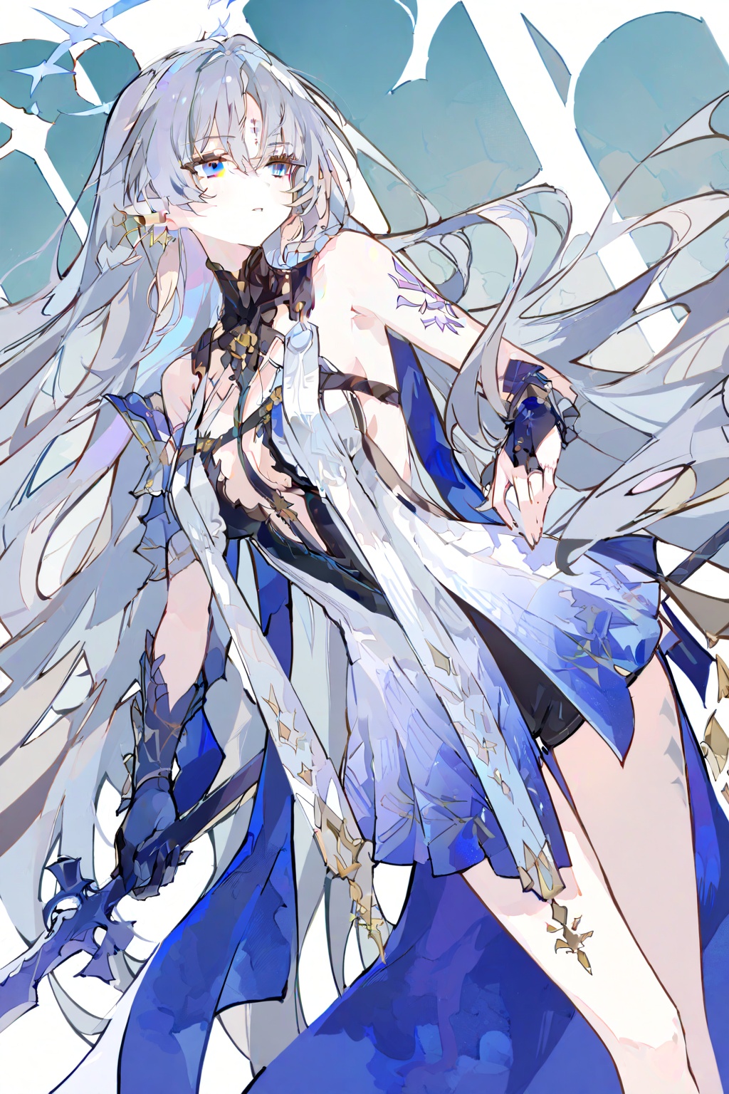 Fleurdelis,ezu,1girl,solo,halo,long hair,pointy ears,light earrings,blue eyes,very long hair,grey hair,tattoo,