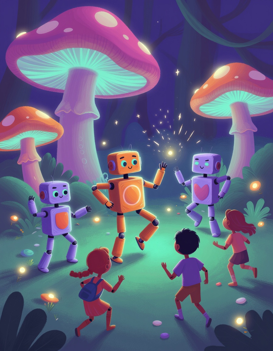 "Digital art painting,  surreal and colorful,  anthropomorphic robots dancing among giant neon mushrooms in a forest clear...