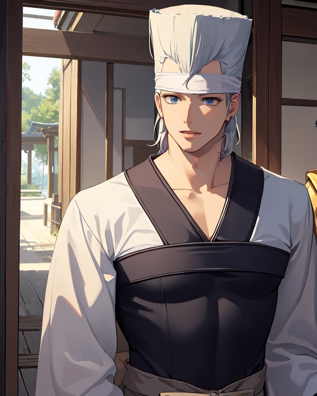 masterpiece,best quality, highly detailed, jean pierre polnareff, male focus, japanese clothes, 2boys, headband, head out of frame, japanese armor,<lora:jean_pierre_polnareff:1>