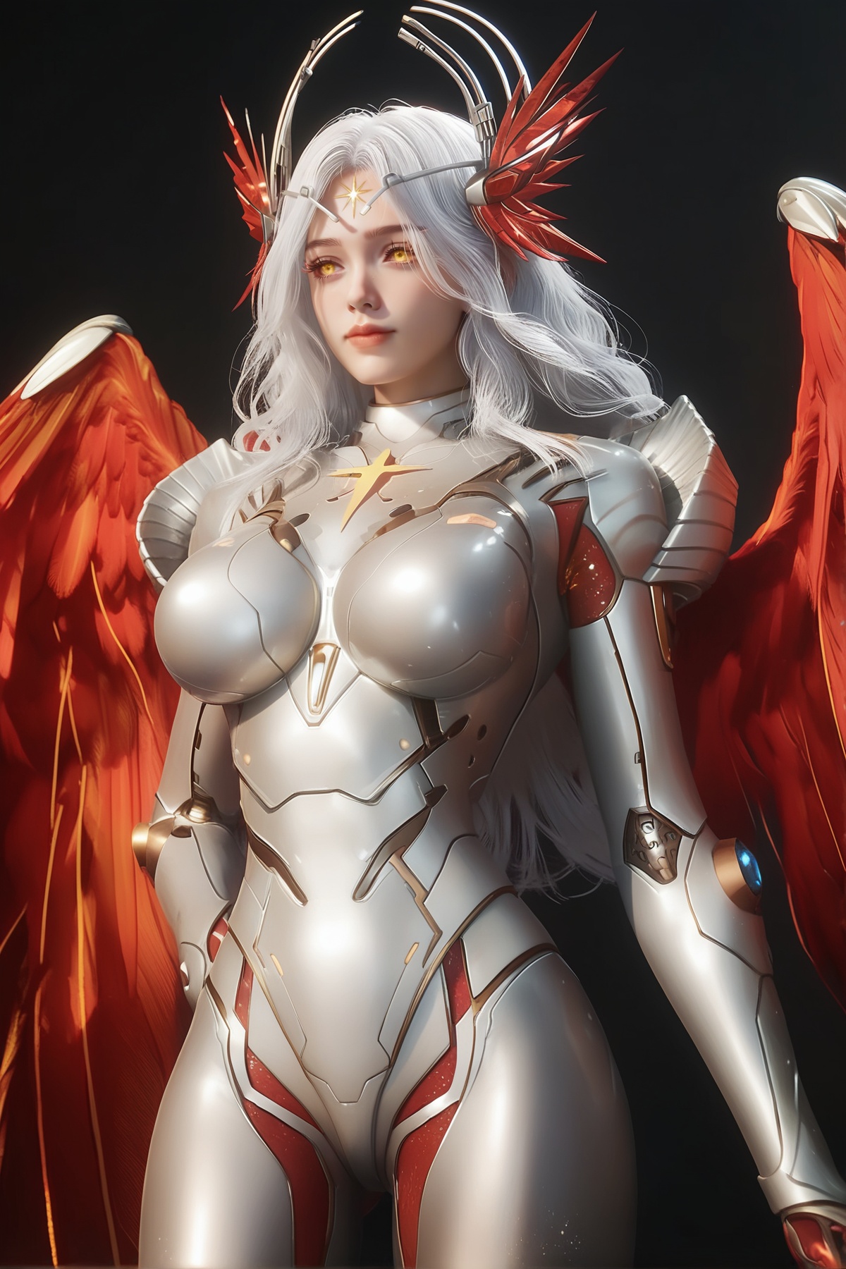 score_9,score_8_up,score_7_up,<lora:wy_xinghuanwang_XL7.0:0.8>,1girl,long hair,breast,big breasts,hair_ornament,bodysuit,yellow eyes,white hair,forehead mark,simple background,white_background,red wings,standing,