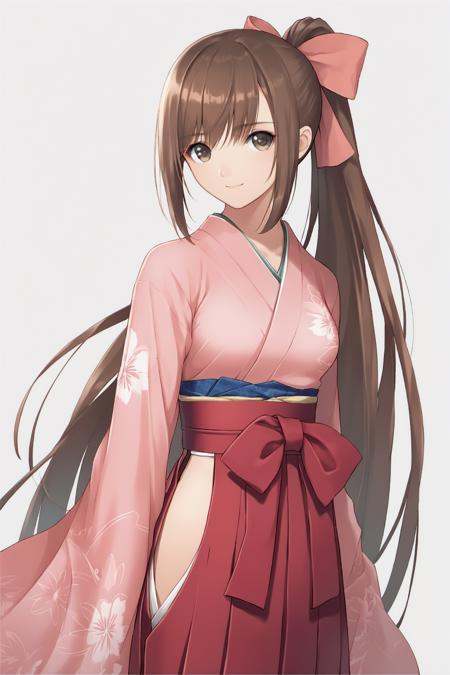 1girl, japanese clothes, solo, long hair, ponytail, brown hair, kimono, skirt, simple background, smile, hakama, bow, hakama skirt, looking at viewer, hair bow, wide sleeves, ribbon, white background, bangs, pink kimono, floral print, long sleeves, very long hair, medium breasts,score_8_up,score_9,<lora:TONY_XL_PONY:1>,