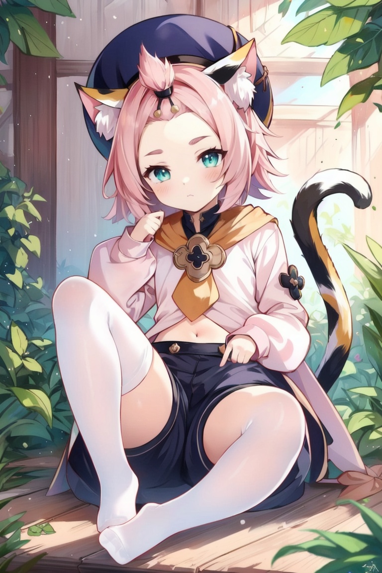 ((HRD, HUD, 8K)),((masterpiece, best quality)), highly detailed,Diona, 1girl, diona (genshin impact), animal ears, cat ears, animal ear fluff, no shoes, solo, tail, pink hair, cat tail, cat girl, pantyhose, thick eyebrows, hat, sitting, cat, shorts, puffy long sleeves, puffy sleeves, white pantyhose, puffy shorts, long sleeves, blush, bangs pinned back, shirt, green eyes, white shirt, closed mouth, short eyebrows, looking at viewer, forehead, leaf, feet, black headwear, soles, full body, beret, hand up, short hair, animal, blue shorts, <lora:20240701-1719821584874:0.8>