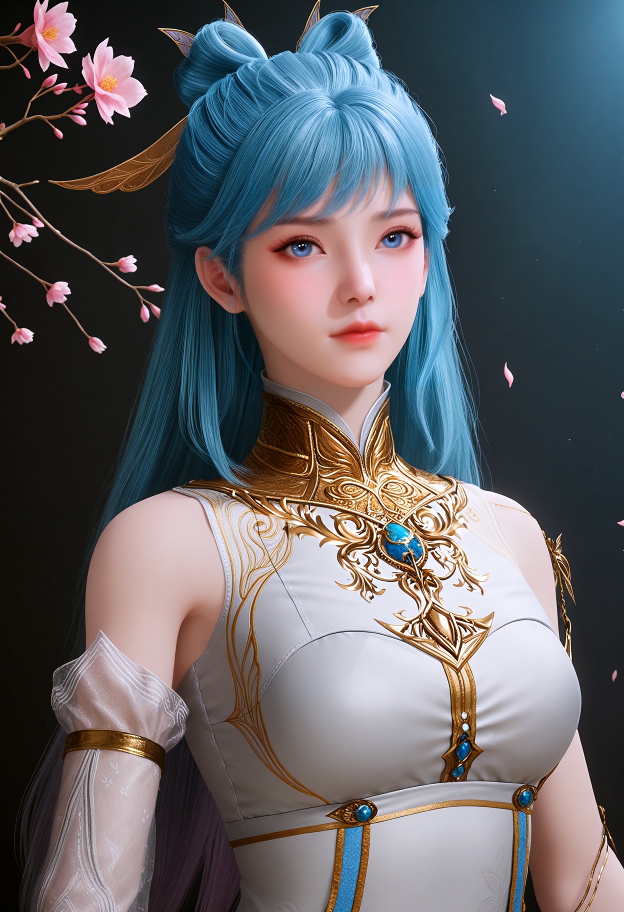 (upper_body:1.2),(looking_at_viewer:1.1),(masterpiece:1.1),(best quality:1.2),(intricate details),(smog:1.3),(Dark room:1.3),(dim lighting:1.3),peach blossom,falling petals,<lora:YQ_Illustrious光辉v5_唐舞桐_V1:0.8>,q1528437228:1.1),1girl,blue_hair,long_hair,hair_ornament,blue_eyes,bare_shoulders,realistic,jewelry,hair_rings,multicolored_hair,gradient_hair,hair_bun,dress,chinese_clothes,china_dress,long_dress,detached_sleeves,masterpiece,(best quality),(intricate details:0.9) BREAK (intricate details:0.9),(realistic skin:1.2),masterpiece,best quality,newest,absurdres,hiahres,
