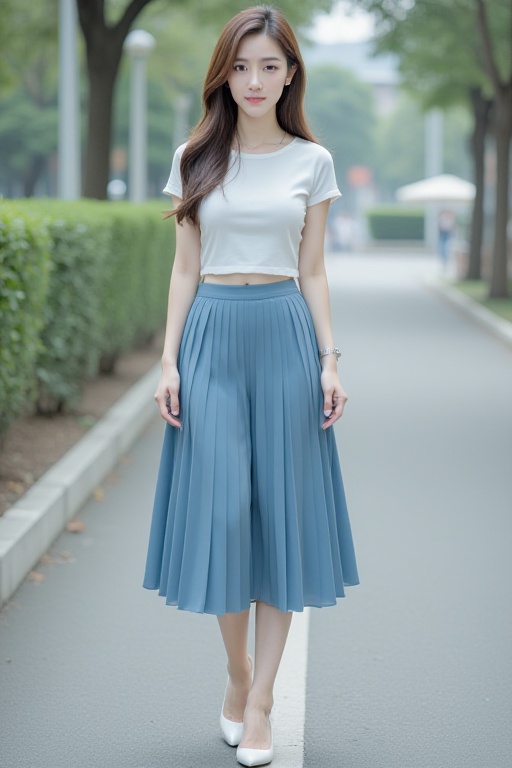 <lora:20251203_TinF1LongLegSliderLora:1>,HDR photo of cinematic film still, A young woman with long brown hair wearing a short white boatneck and blue pleated skirt, looking at viewer, white high heel shoes, full body, outdoors,
