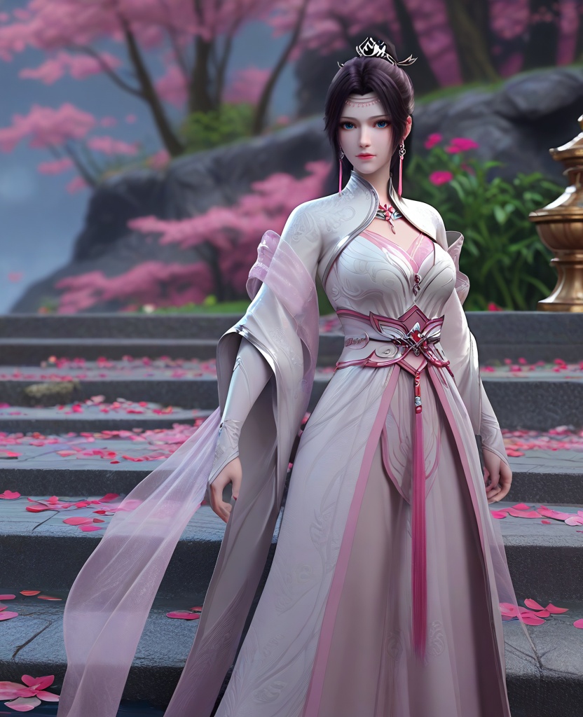 (oriental architecture, elegant decor, sophisticated style:1.1),(toe-point:1.1),looking at viewer,(breasts:1.2),<lora:XL16斗破苍穹花宗云韵:0.95>,miss yunyun,white dress,blue eyes,traditional chinese updo with long cascading hair,black hair,hair ornament,earrings,jewelry,bolero,pink sheer shawl,wide flowing sleeves,pink chiffon bra,sash,opera gloves sleeves,white high heels,, score_9,score_8_up,score_7_up,score_6_up,score_5_up,score_4_up,3d rendering,tag1,tag2, Cinematic Lighting,backlighting,, zPDXL3, zPDXL2,zPDXL, zPDXLxxx, zPDXLrl,