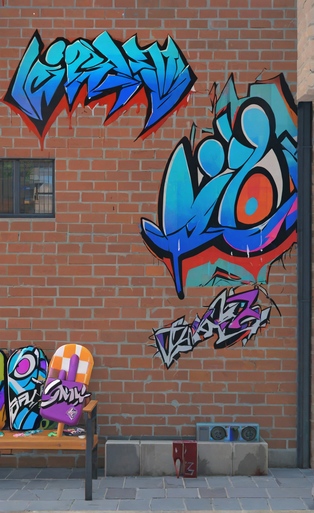 8k, best quality, masterpiece, (ultra-detailed), <lora:zzzstyle-artiwaifu-Tanger-000011:0.7>, zzz style, graffiti, ice cream, blood, brick wall, outdoors,  