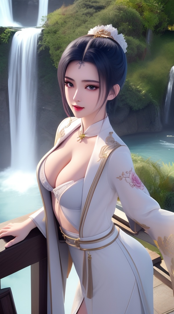 (,1girl, ,best quality, ),looking at viewer, <lora:444-DA-真阳武神-禅银纱-男装:0.8> ,,ultra detailed background,ultra detailed background,ultra realistic 8k cg, , ,masterpiece, (( , )),,, ultra realistic 8k cg, ,      ,peony \(flower\),   waterfall,    (cleavage), (), 