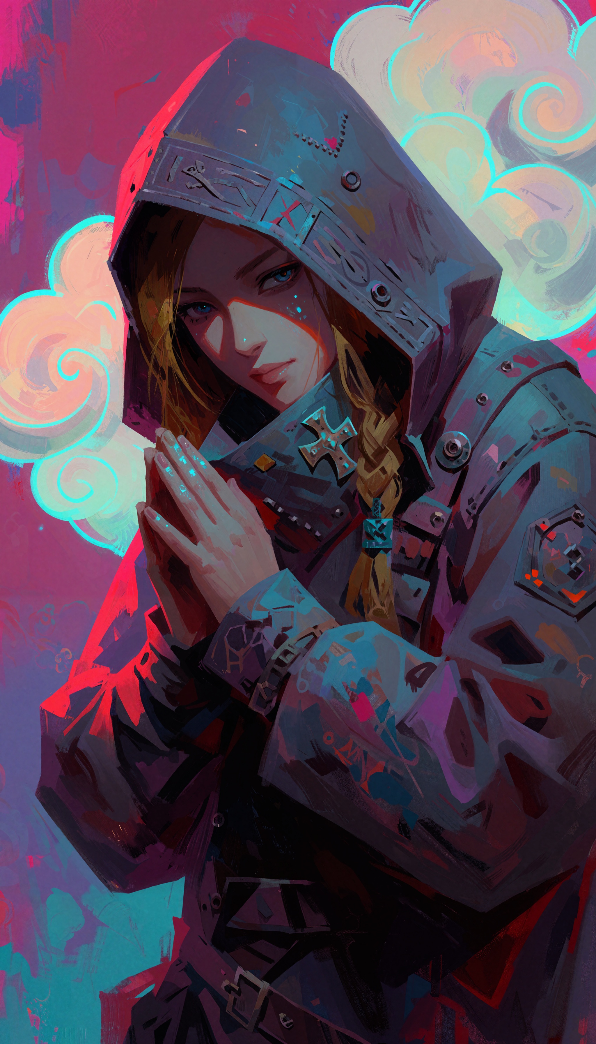 In the style of zhihui,  a young woman with golden-brown hair framed by a heavy,  textured hooded jacket—its fabric render...
