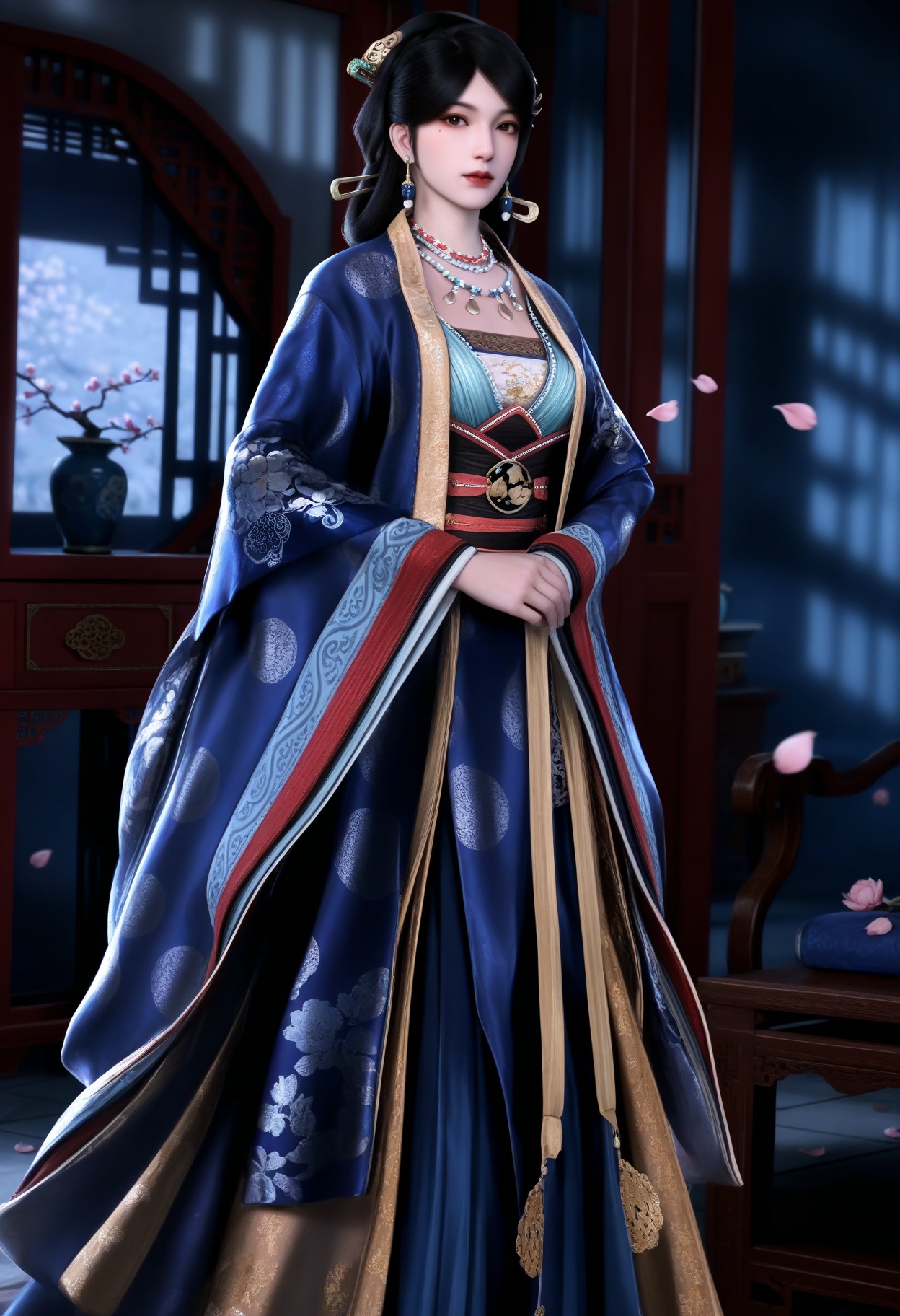 masterpiece,best quality,amazing quality,very aesthetic,high resolution,ultra-detailed,absurdres,scenery,photorealistic,(looking at viewer:1.1),(Dark room:1.3),(moody lighting:1.1),peach blossom,falling petals,(large breasts:0.8),wenluoyu,1girl,solo,black hair,long hair,hair ornament,jewelry,earrings,chinese clothes,necklace,realistic,brown eyes,lips,mole under eye,hanfu,long sleeves,closed mouth,wide sleeves,red lips,pearl necklace,high heels BREAK photorealistic details,<lora:QQSillwenluoyuV1:0.8>,