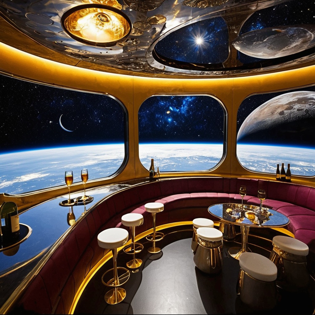 skybar,<lora:20240705-1720127504546:0.5>,a bar in the sky,bar on the moon,cosmic background,earth in the air,the astronauts drink,spaceship,window,outer space outside the window,champagne,wine glass,aluminum alloy material bar,best picture quality,masterpiece,