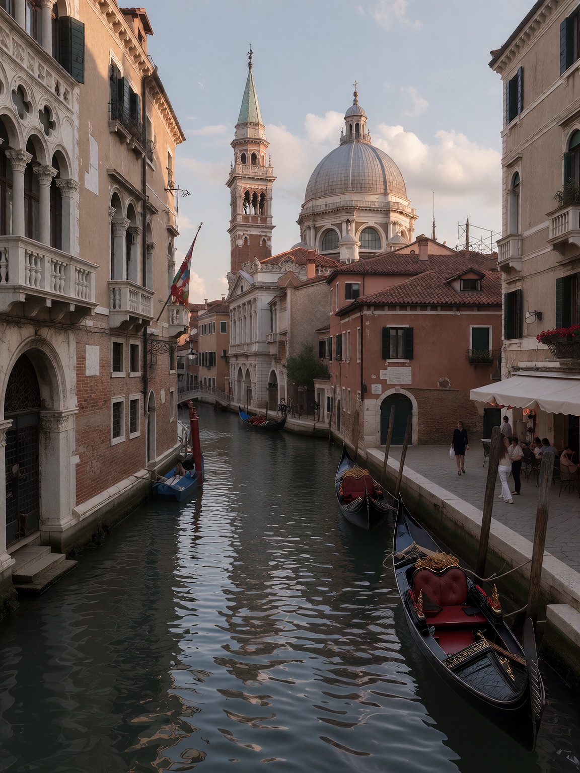 Bradhamel art style. A serene,  sun-drenched canal in a historic European city,  flanked by tall on Tensor.Art