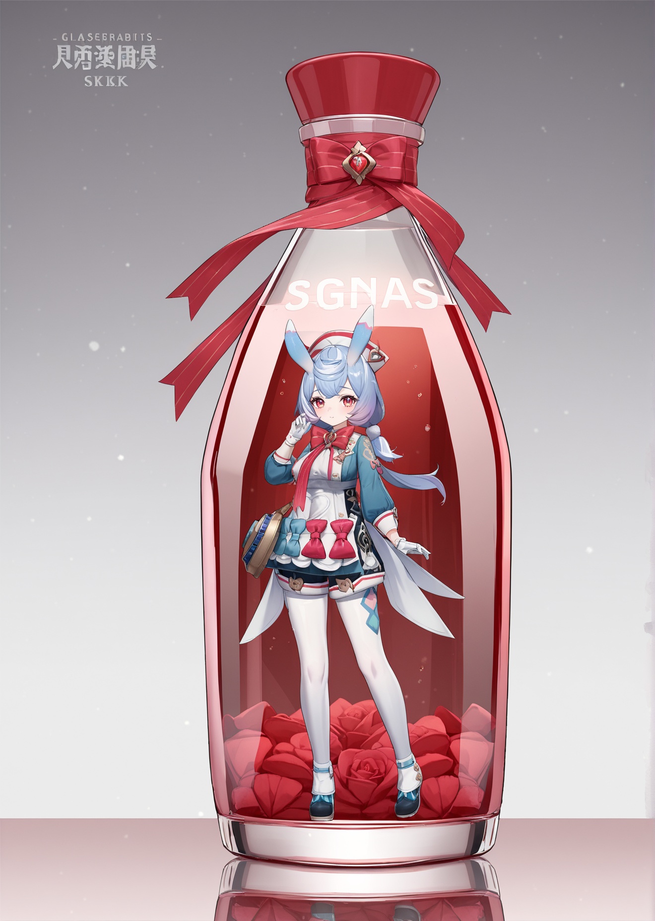 8k, best quality, masterpiece, (ultra-detailed), (high detailed skin), <lora:Sigewinne-A3-Tanger-000012:0.8>, Sigewinne, Sigewinne's def clothes, 1girl, red eyes, gloves, animal ears, rabbit ears, hat, white gloves, long sleeves, <lora:jijiav2-a3-Tanger-000005:0.8>, jjijia, 2d, anime, 1girl, solo, long hair, breasts, looking at viewer, in container, bangs, standing, hand up, character name, large breasts, grey background, reflection, medium breasts, copyright name, gradient, a glass bottle with a picture of a woman on it, a picture of a girl inside a clear container with a bunch of stuff in it, 