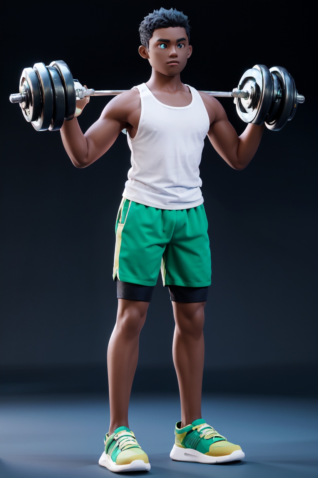 Best quality,masterpiece,ultra high res,yuan_3D_character, dark skin, solo, dark-skinned male, exercise, shorts, black hair, male focus, 1boy, weightlifting, white background, **** top, shoes, green shorts, simple background, <lora:3D_character_v1.0:0.8>,