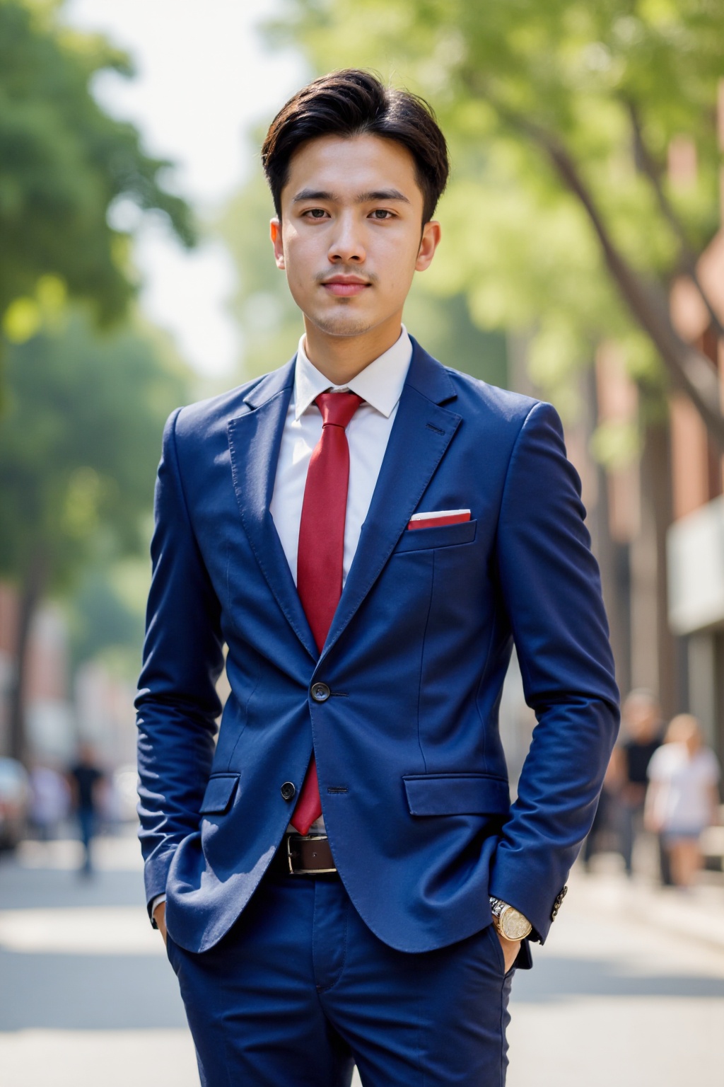 Photograph of a handsome Asian man with medium skin tone and black hair. He wears a blue suit and red tie. He stands on a sunlit urban street with blurred trees and buildings in the background. The man has a confident expression, with one hand in his pocket and the other resting on his hip. The image has a crisp, professional quality, capturing a stylish and modern look.