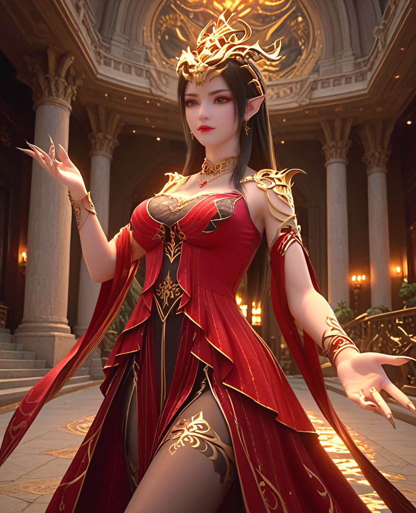 (oriental architecture, elegant decor, sophisticated style:1.1),(outstretched arm:1.1),(breasts:1.2),<lora:XL斗破苍穹美杜莎女王装:0.85>,meidusha queen,red fringed dress layered on top of lace corset bra,red fringed dress,lace corset bra,shoulder armor,bare shoulders,pointy ears,crown,black hair,long hair,jewelry,earrings,necklace,detached sleeves,pantyhose,lace inner skirt,blue eyes,, score_9,score_8_up,score_7_up,score_6_up,score_5_up,score_4_up,3d rendering,tag1,tag2, Cinematic Lighting,backlighting,