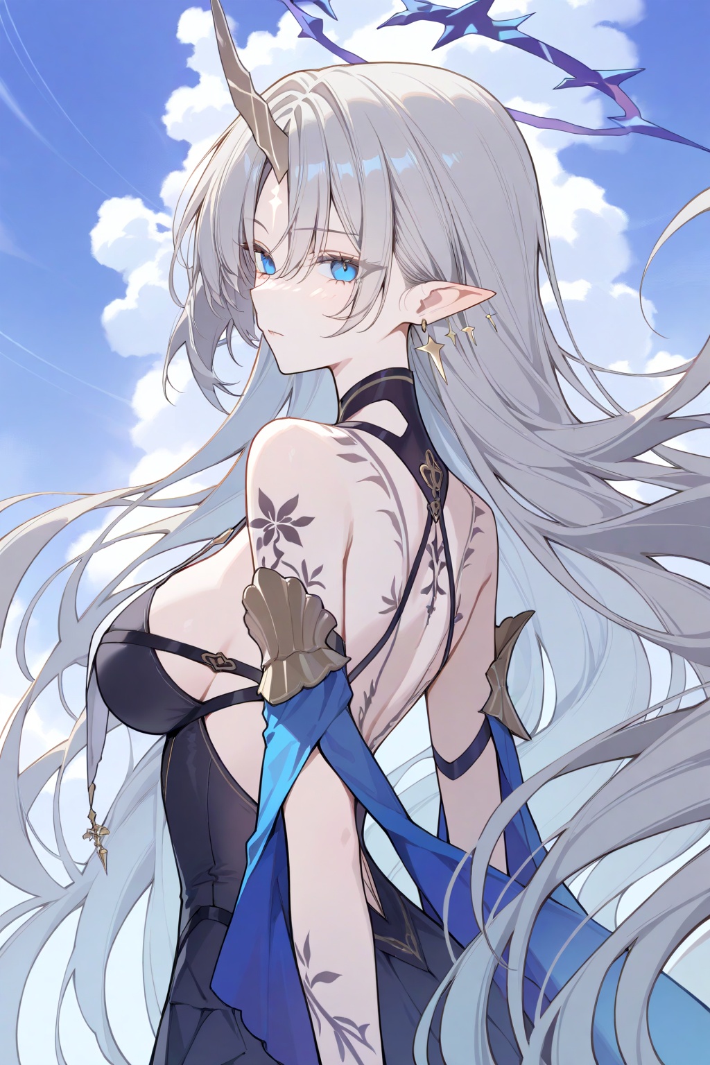 Fleurdelis,1girl,solo,halo,long hair,pointy ears,light earrings,blue eyes,very long hair,grey hair,tattoo,