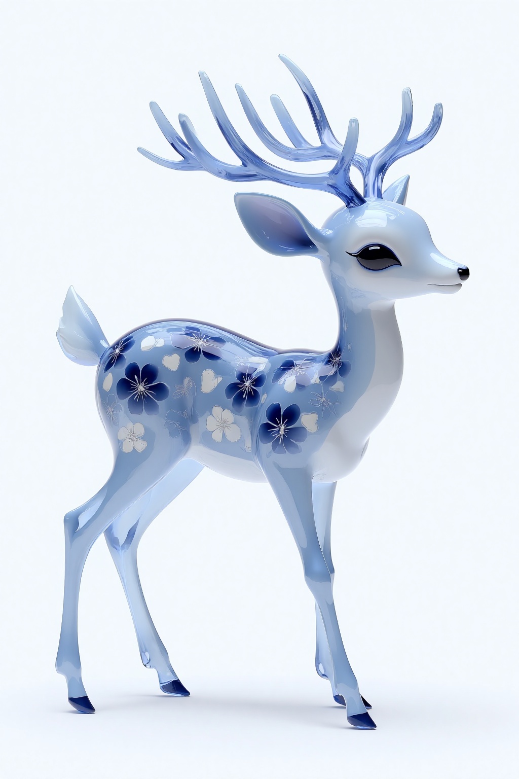 beijihui,a medium-sized blue glass deer stands against a stark white backdrop. The deer's body is adorned with a blue floral design, adding a pop of color to the scene. Its eyes are tinted black, creating a striking contrast against the white background. Its legs are slender, allowing the deer to be standing on all four legs.
