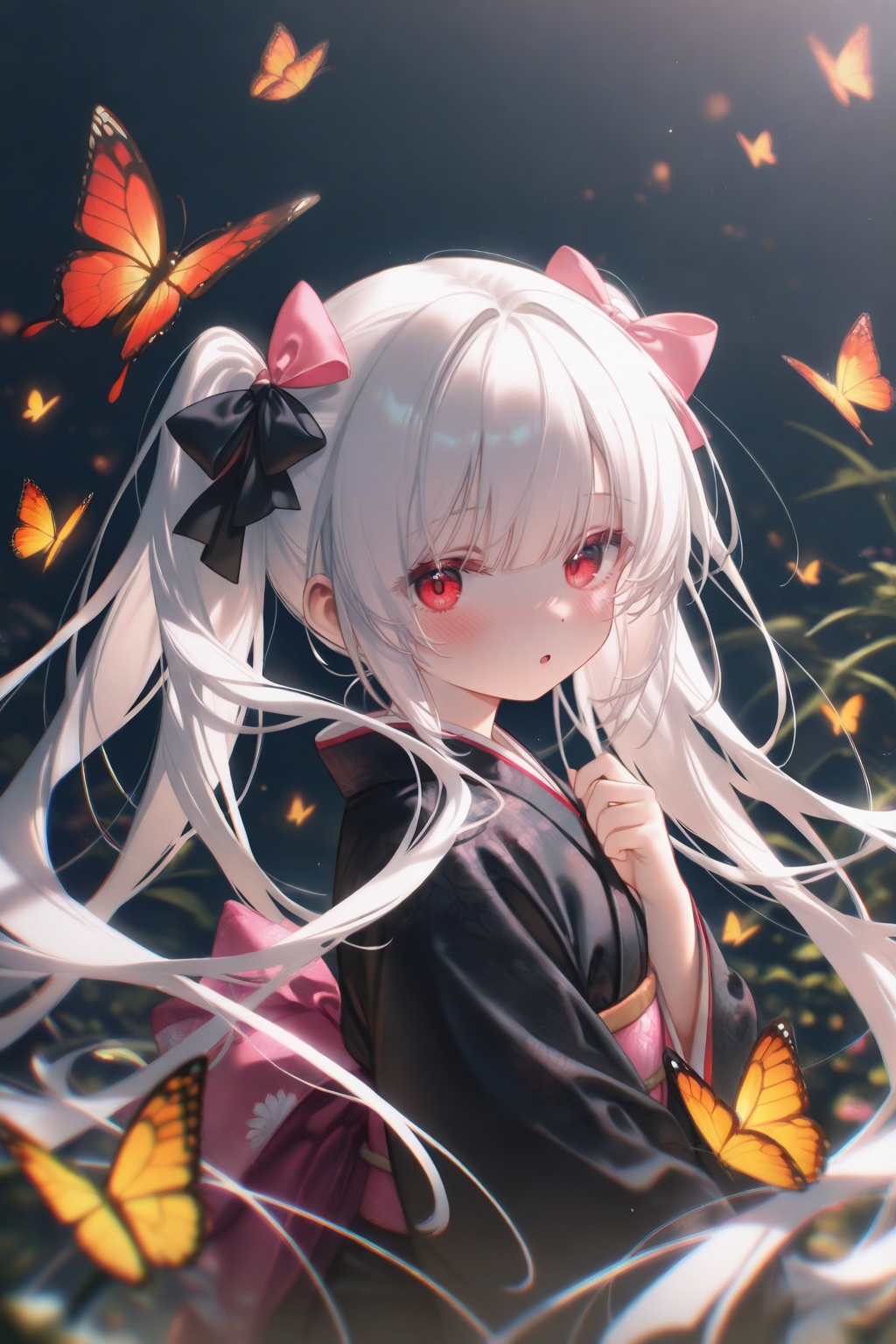masterpiece,absurdres,best quality,petite,high quality,chromatic_aberration,loli,//,loli,konya,1girl,solo,long hair,looking at viewer,blush,bangs,red eyes,long sleeves,bow,twintails,very long hair,upper body,white hair,hair bow,parted lips,japanese clothes,kimono,blurry,:o,black dress,black bow,floating hair,depth of field,animal,bug,pink bow,butterfly,black kimono,