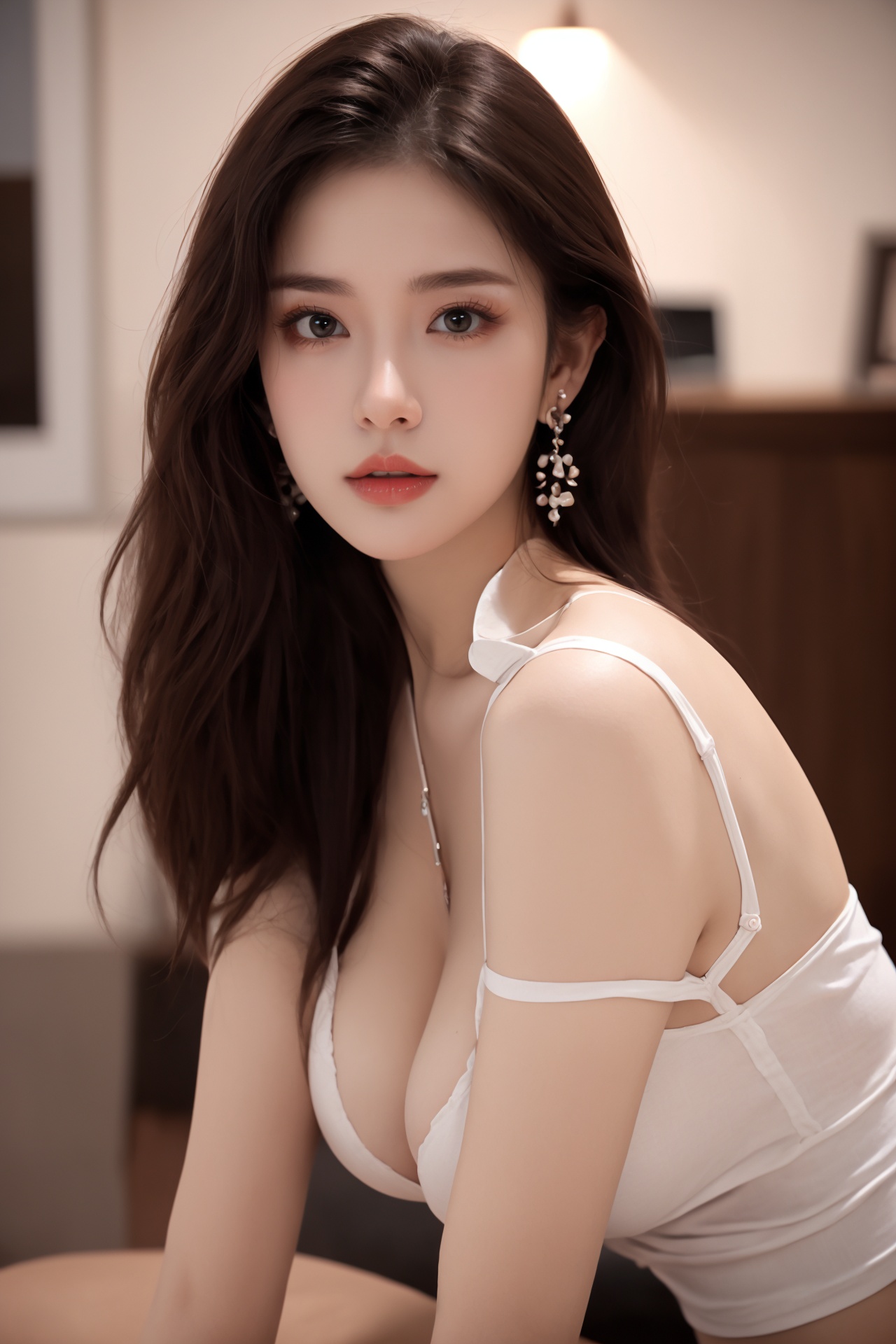 1girl, 3d, black border, breasts, brown eyes, brown hair, cellphone, cleavage, earrings, indoors, jewelry, large breasts, letterboxed, long hair, makeup, panties, pillarboxed, see-through,<lora:氛围感:0.8>