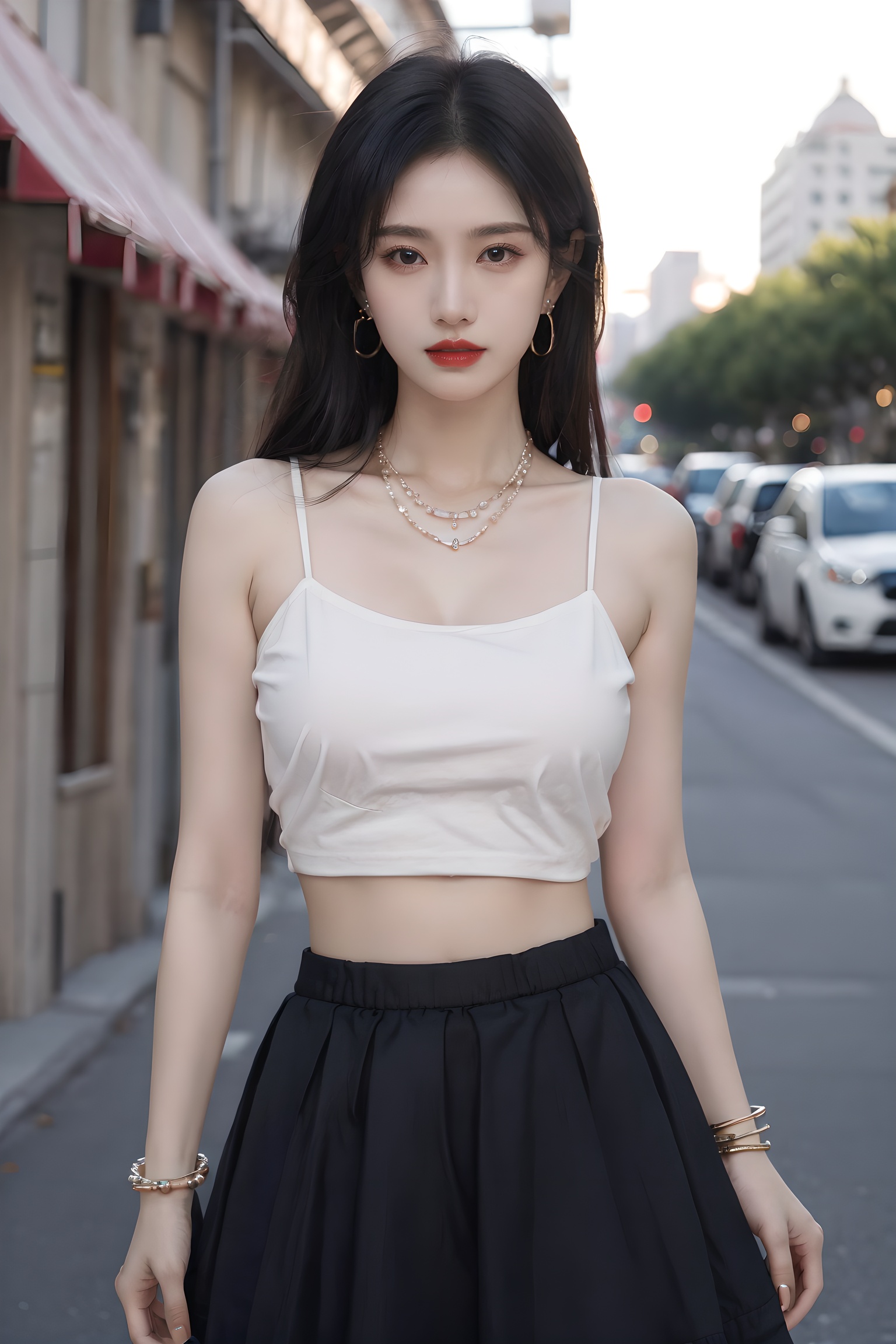 dzf,1girl,solo,long hair,roof,up_body,street,at sunset,looking at viewer,skirt,black hair,hair ornament,big tits,bare shoulders,jewelry,standing,collarbone,cowboy shot,earrings,parted lips,midriff,necklace,blurry,bracelet,lips,crop top,makeup,depth of field,blurry background,beads,long skirt,red lips,bangle,bead bracelet,<lora:减少AI感:0.35>,<lora:20240212-1707682573619:0.25>,<lora:abel好看的姿势:0.35>,<lora:abel光艺术:0.25>,