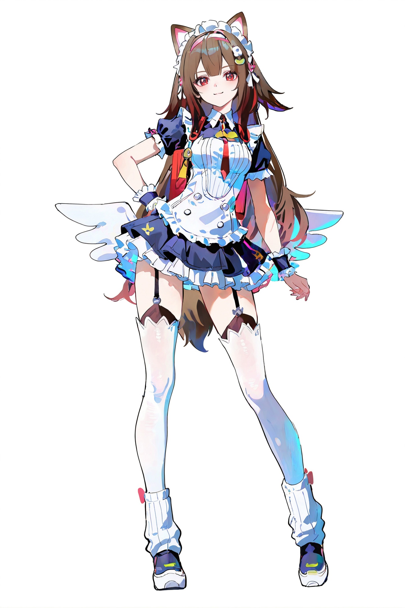 8k,best quality,masterpiece,(ultra-detailed),(high detailed skin),((artist:reoen),(artist:fuzichoco),(artist:atdan),(artist:torino_aqua),year 2024:0.8)1girl,[artist:wlop],[artist:ningen_mame],artist:ciloranko,[[artist:rhasta]],artist:tidsean,colorful,full body,full shot,standing,(solo:1.2),simple background,(white background:1.2),hand on own hip,(white background:1.1),looking at viewer,<lora:Sunna-will-Tanger-000014:0.8>,<lora:Ye_Shunguang-noob-Tanger-000014:0.9>,Ye Shunguang \(Zenless Zone Zero\),brown hair,brown animal ears,a red left thigh band tattoo,guang white and pink hairband,red hair ribbons,1girl,long hair,breasts,smile,red eyes,clothes: maid balck-and-white short dress,1girl,maidskin hair ornament,thighhighs,animal ears,short sleeves,wings,puffy sleeves,white thighhighs,wrist cuffs,maid headdress,garter straps,red backpack,