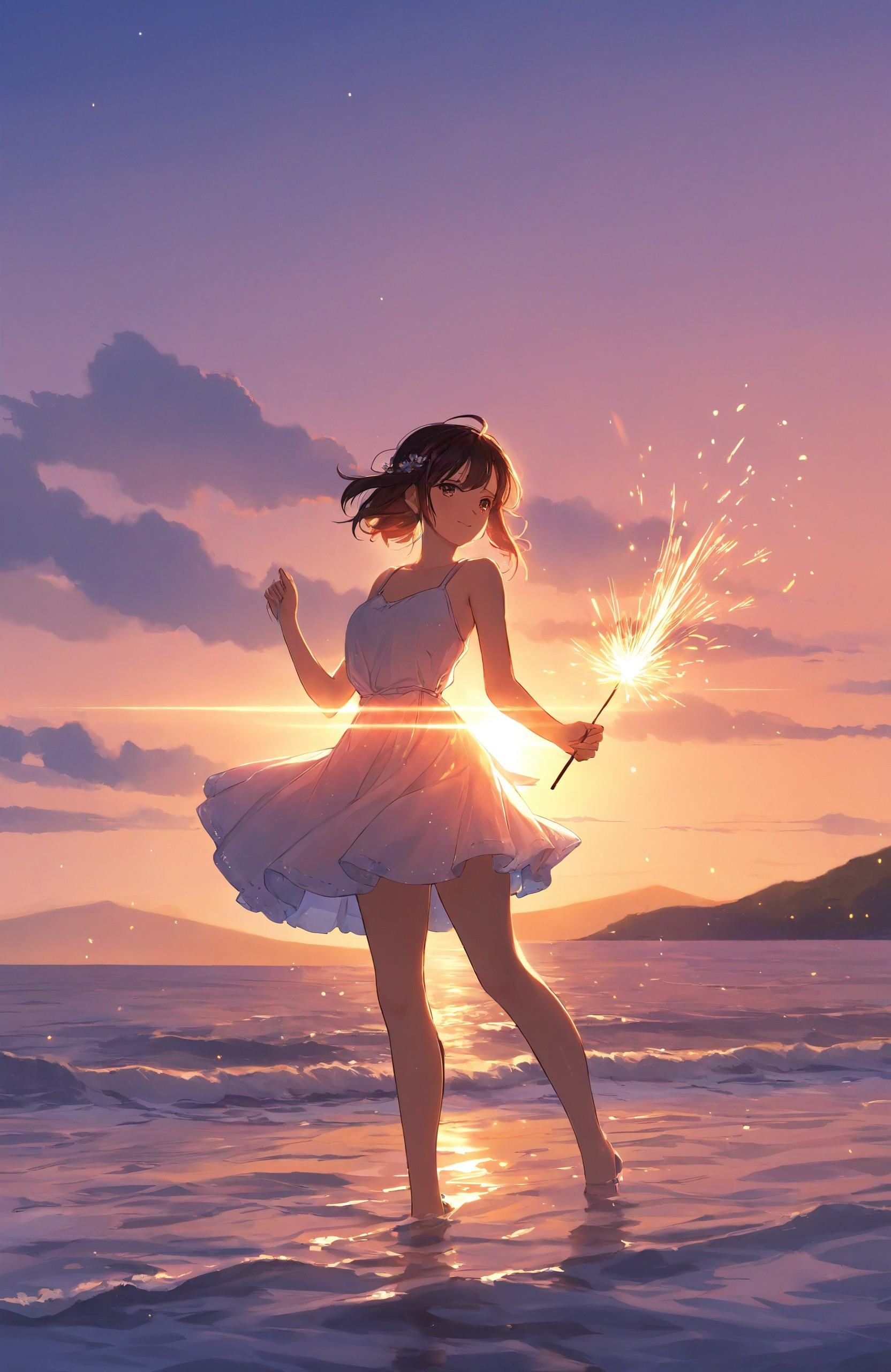 "Dreamy anime art style, depicting a young girl holding a sparkler by the water's edge as the sun sets, casting warm hues of orange and pink across the sky. The girl's silhouette is softly lit by the flickering light of the sparkler, her expression serene as she watches the sparks dance. The scene captures the fleeting beauty of a quiet evening, filled with nostalgia and gentle warmth."