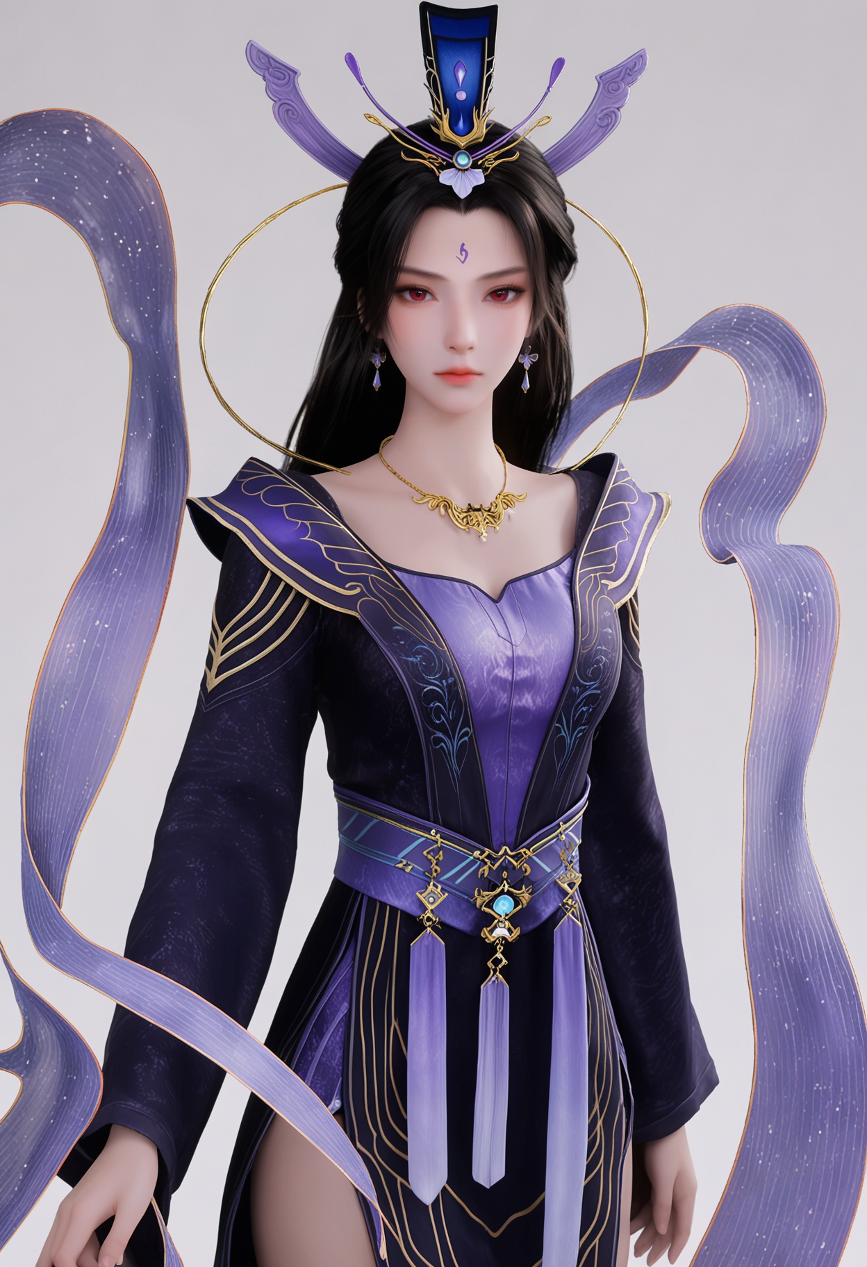 score_9,high detail,best quality,shiny skin,shiny,zixia,1girl,solo,red eyes,black hair,long hair,white background,dress,jewelry,simple background,hair ornament,necklace,closed mouth,earrings,forehead mark,long sleeves,expressionless,sash,hagoromo,purple dress,chinese clothes,shawl,looking at viewer,thighs,<lora:QQSponyzixiaV1:0.8>,<lora:Pony_DetailV2.0:0.8>,<lora:皮肤凹痕:0.1>,