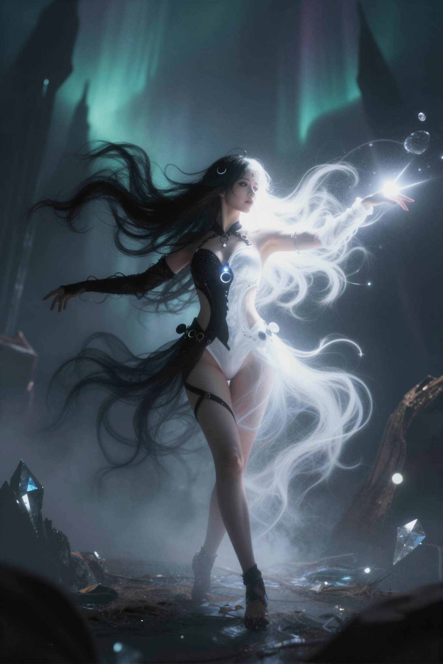The ethereal Eclipse spins gracefully in slow motion within the Twilight Realm,  her long hair flowing dramatically as hal...